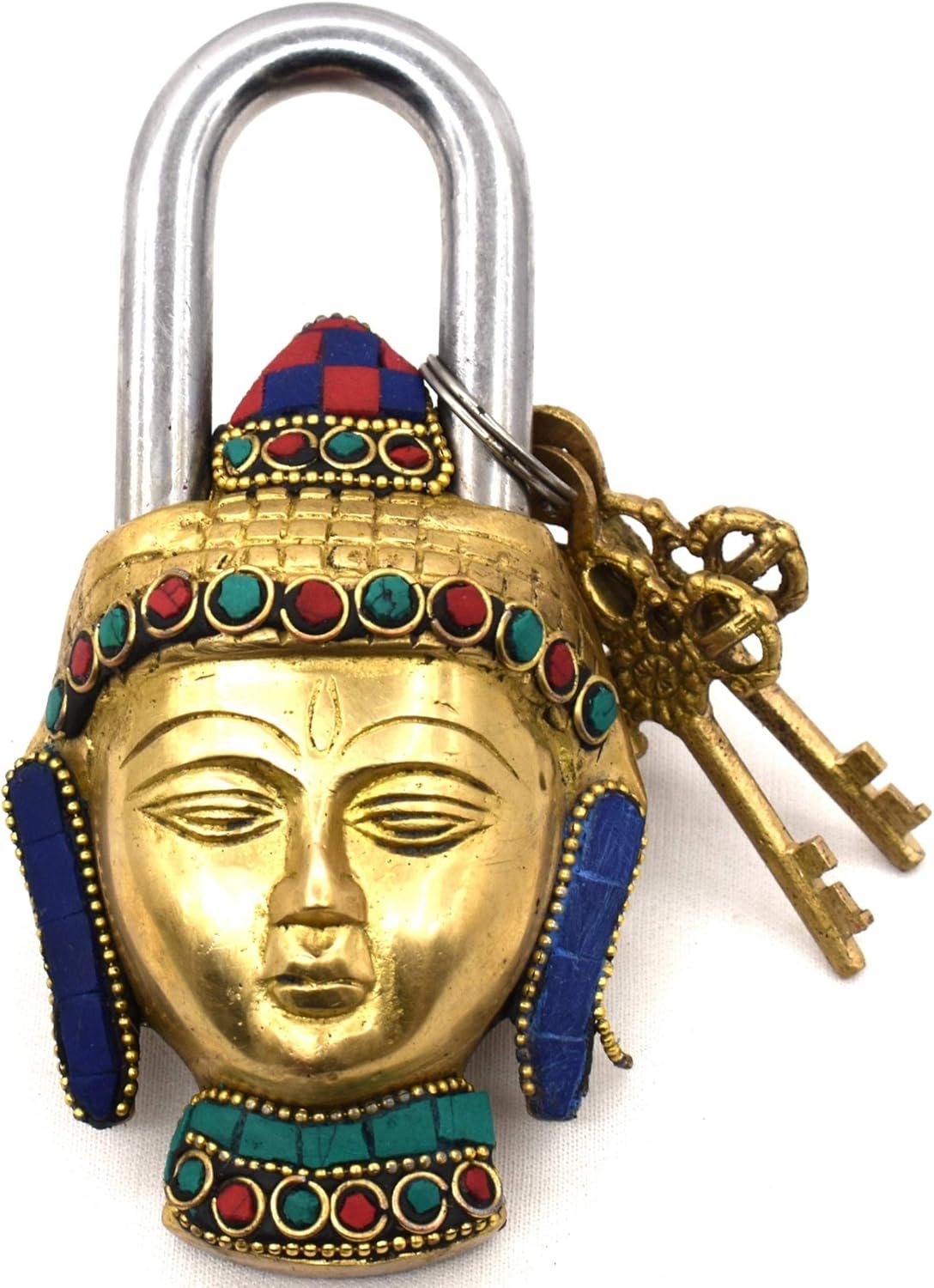 Brass Buddha Shape Lock Padlock Antique Design Handcrafted Stone Work Collectible Decorative Showpiece PL-01