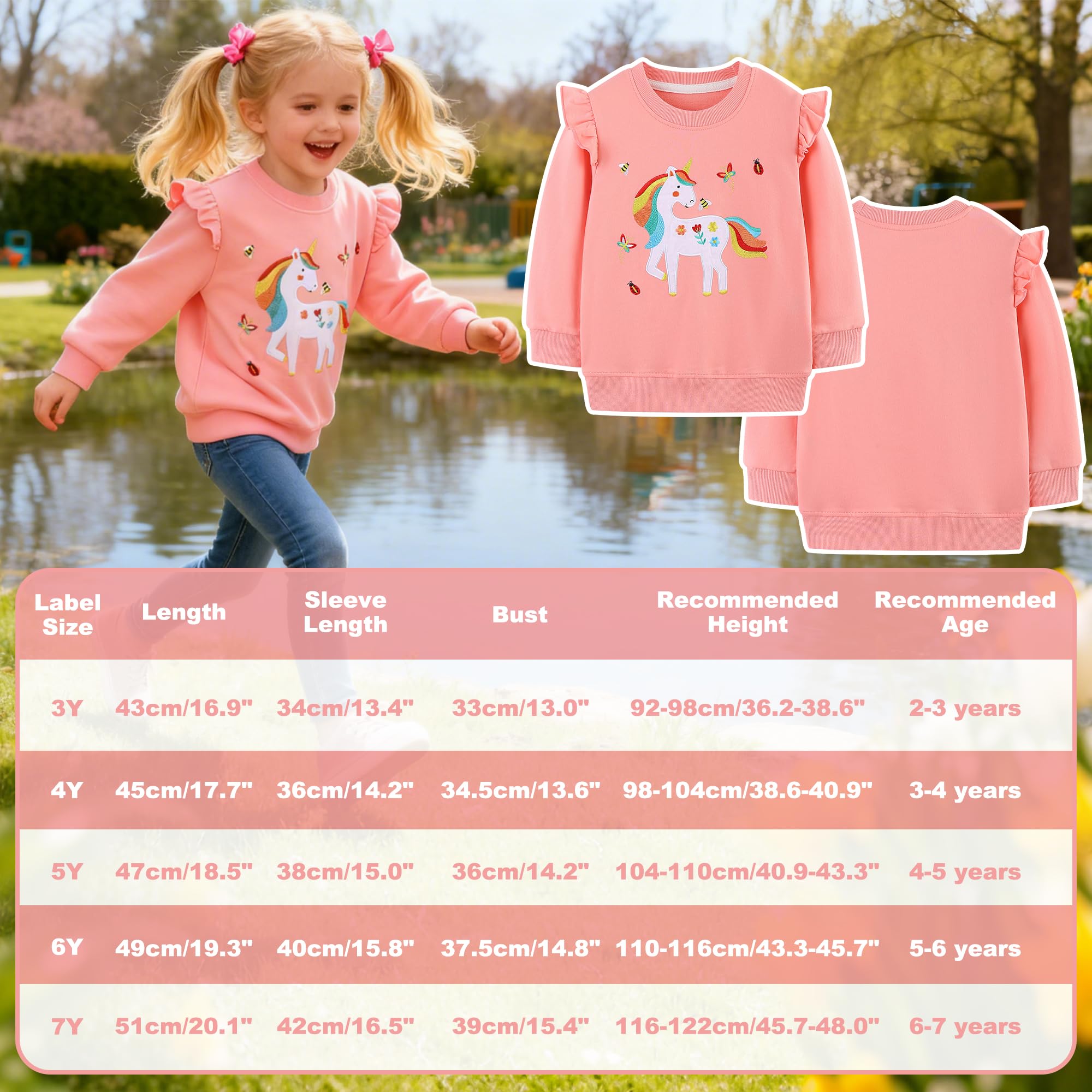 Sudadera Niñas Bebe Jersey Sin Capucha Manga Larga Algodón Camiseta Arcoíris Unicornio Dibujos Pullover Casual Deporte Cuello Redondo Basica Top para Infantil Ropa 2-8 Años