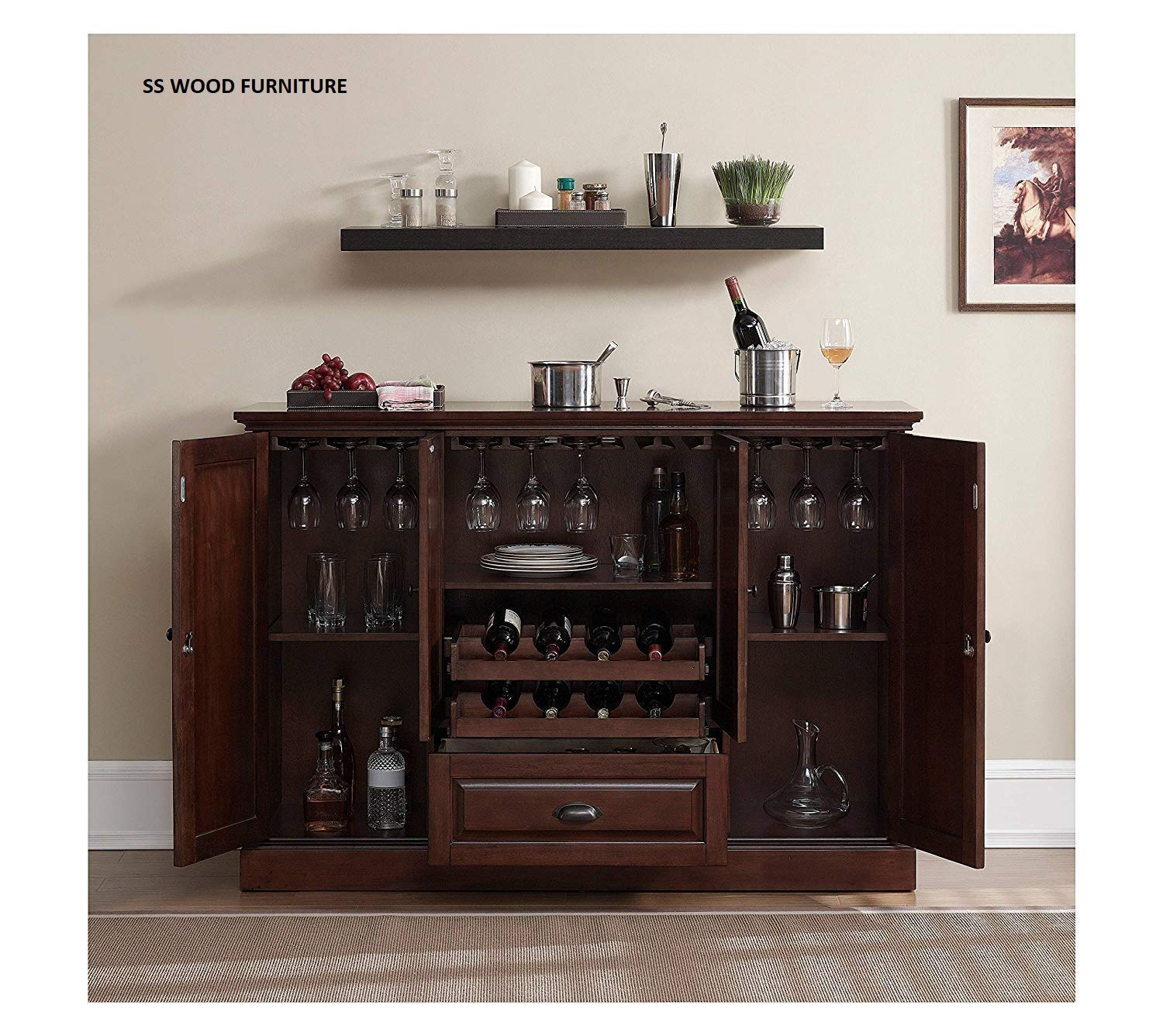 SS WOOD FURNITURE Sheesham Wood Peetz Royal Stylish Bar Cabinet with Wine Glass Storage for Living Room | Chestnut Finish