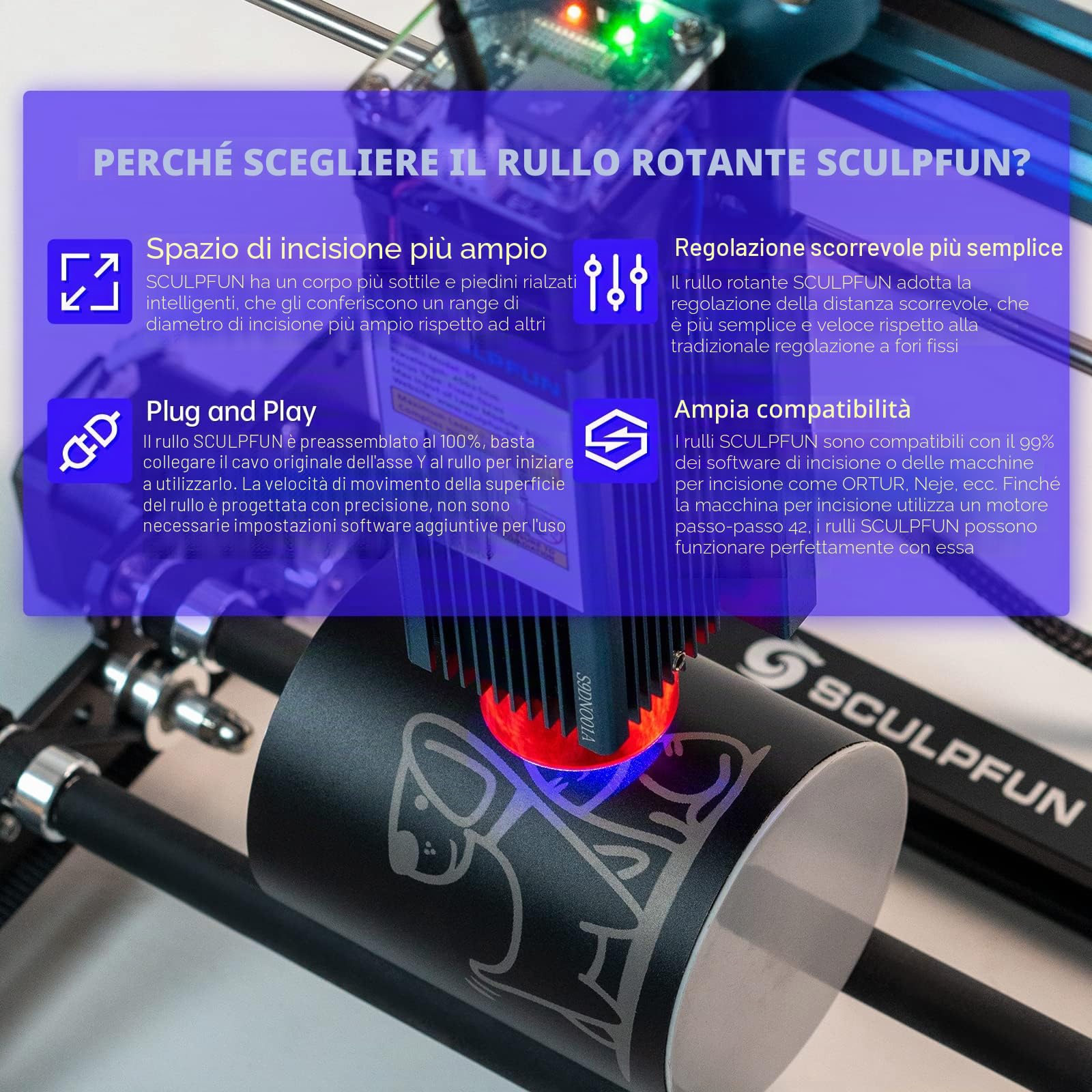 SCULPFUN Rullo rotante laser, incisore laser a Y, rotazione a 360° per l'incisione laser di oggetti cilindrici, lattine (con 4 piedini di sollevamento)