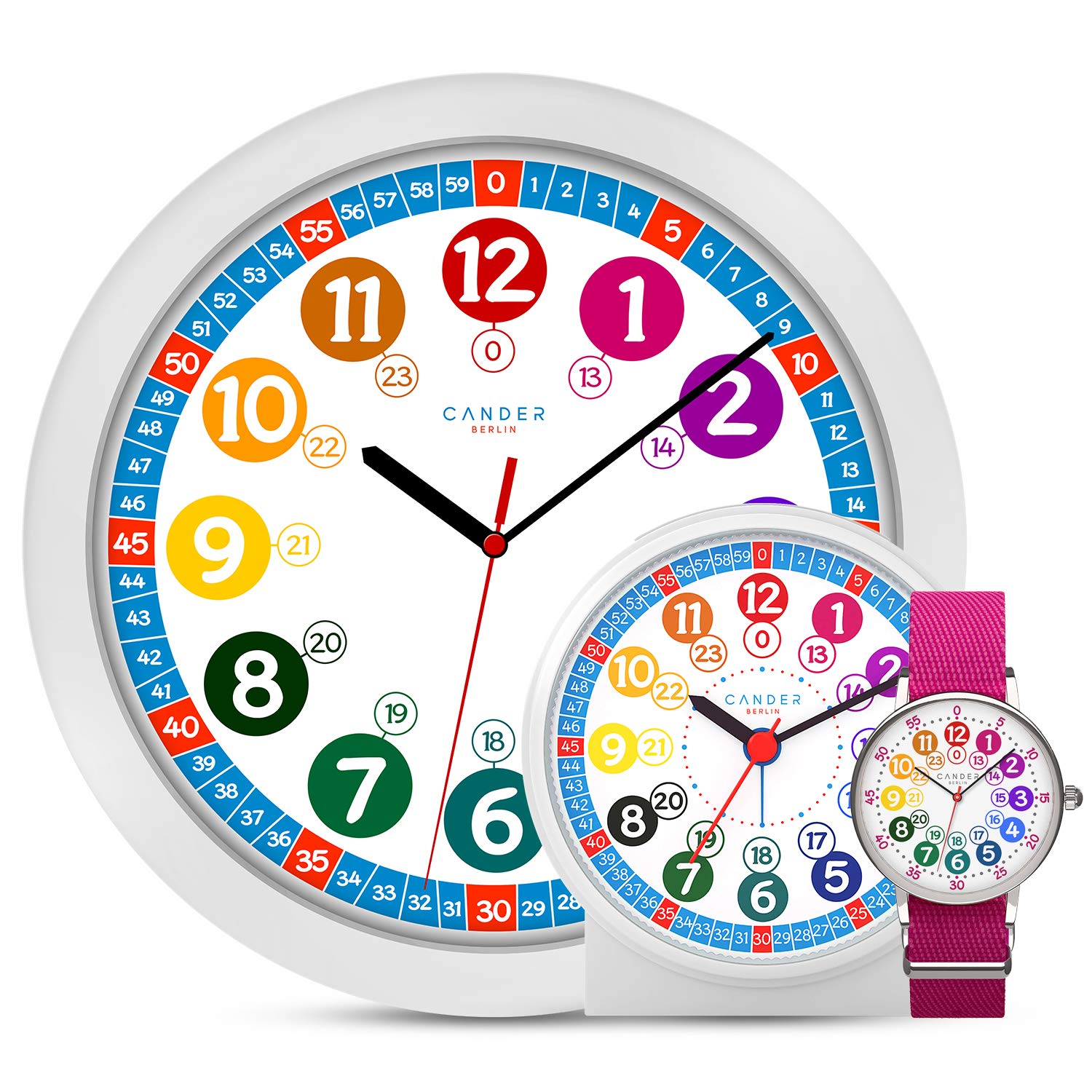 Cander Berlin MNU 1030 Kinderwanduhr lautlos MNU 1009 S Kinderwecker MNA 1030 M Armbanduhr rosa pink Lernuhr geräuschlos Wanduhr Kinderuhr Licht Snooze Wecker Kinder geräuscharm Mädchen Jungen