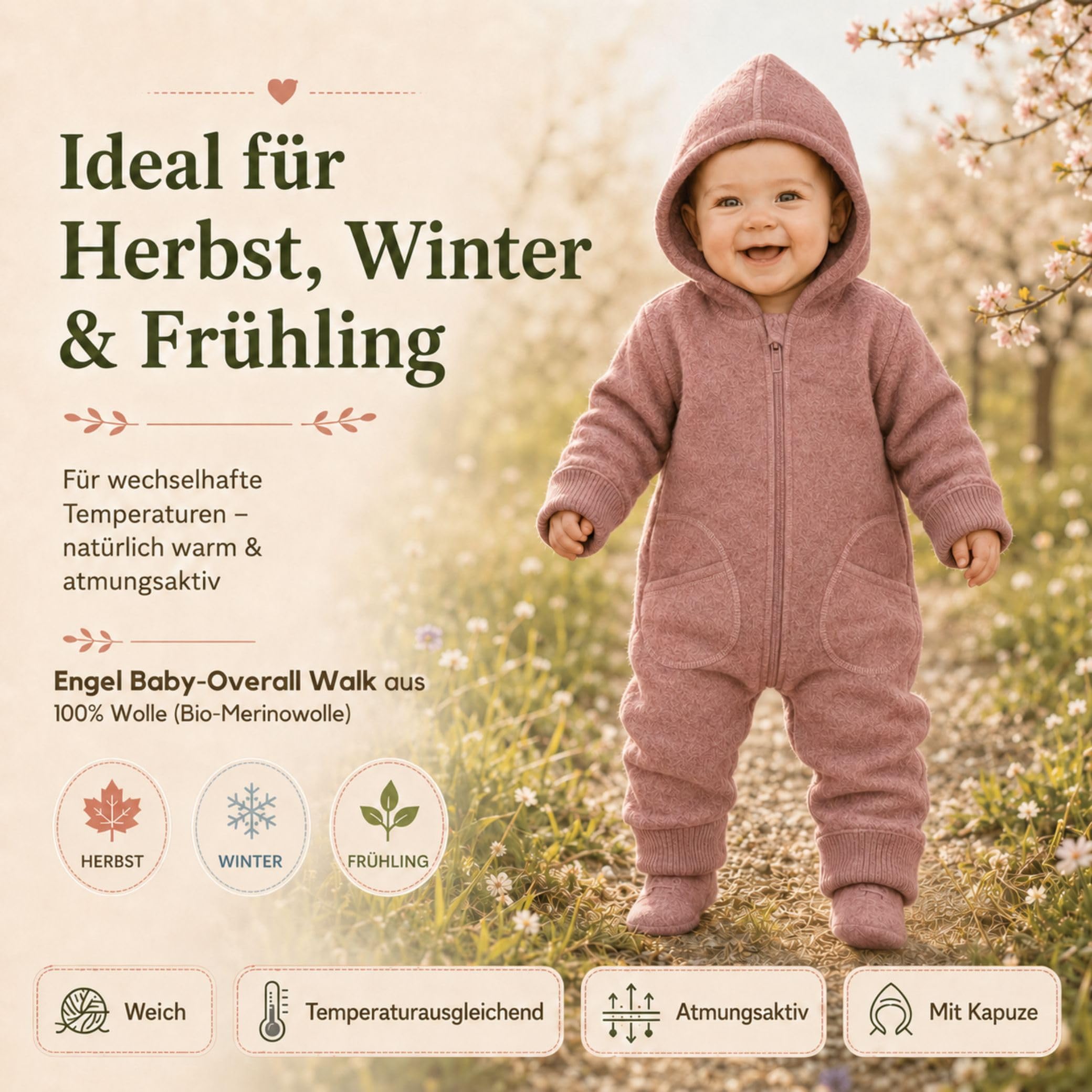 Engel Wollwalk Overall Baby & Windel Blaubaer - Walkoverall baby mit Kapuze 100% Schurwolle (kbT) - Baby WollwalkTemperaturregulierend, Hautfreundlich, Bio-Merinoschurwolle, Mit Reißverschluss