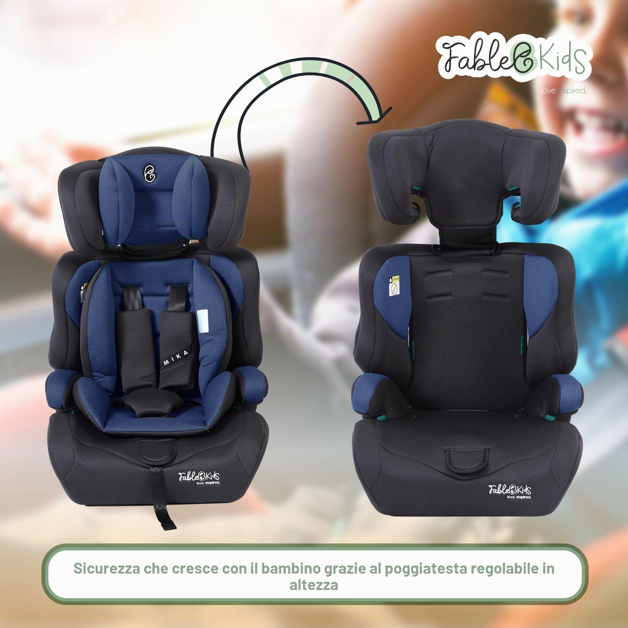 FableKids Seggiolino Auto 76–150 cm | Dai 15 Mesi | Cintura a 3 Punti | Poggiatesta Regolabile | Omologazione ECE R129/03 | Seggiolino Auto Regolabile 44,5×41×68–75 cm | Blu