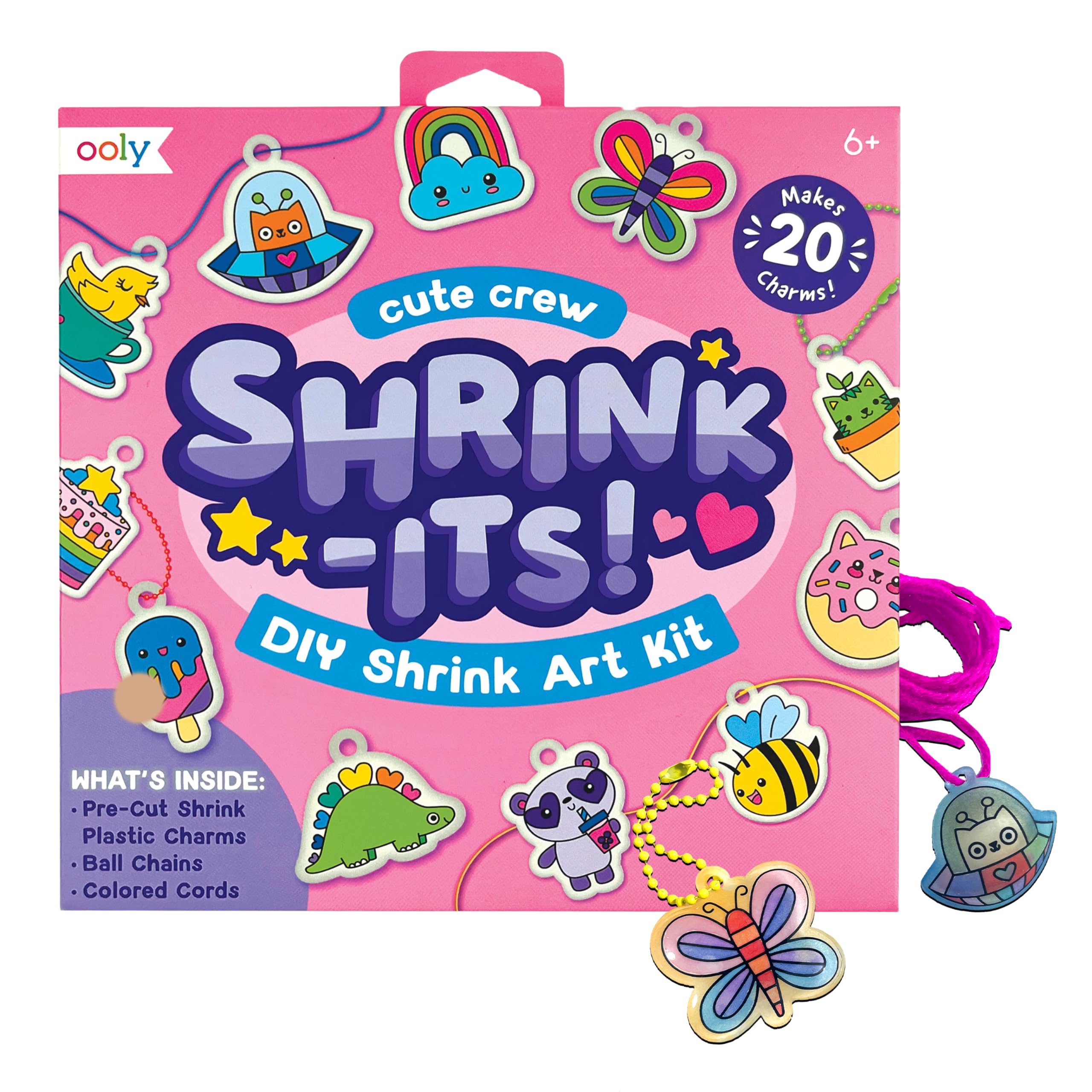 Ooly 28 PC DIY Shrinking Art Kit for Kids, 20 Plastic Pre Cut Charms and More, No Mess Creative Activity Jewelry Making Kit - Cute Crew