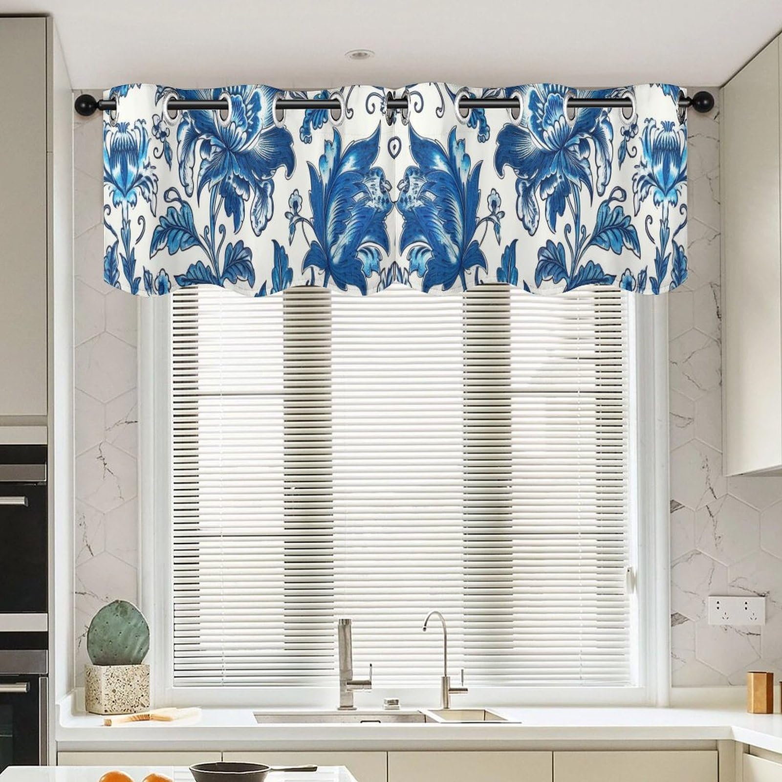 Rideau à motif floral bleu d'inspiration asiatique | Finition de qualité 132x45 cm