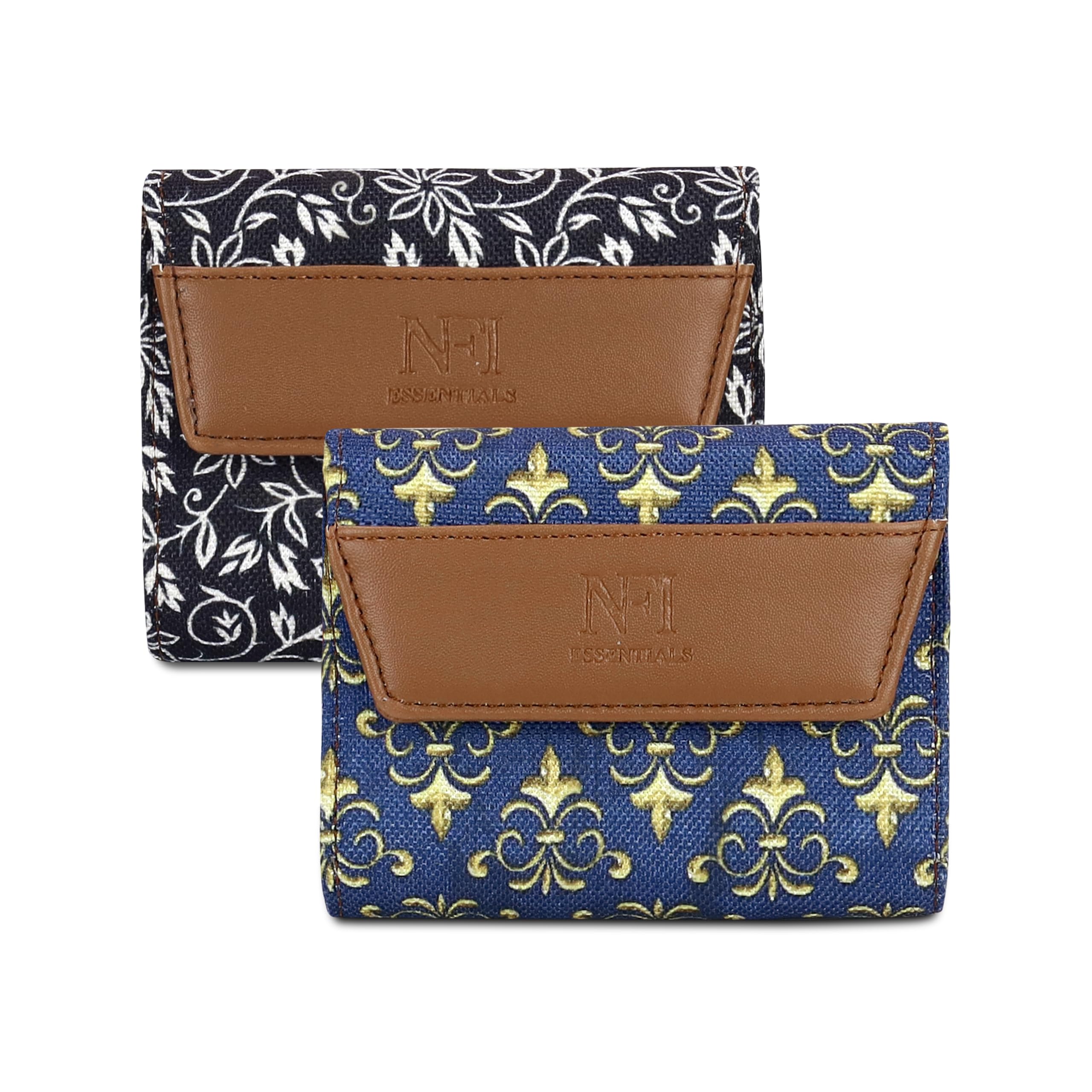 Pack of 2 Women's Clutch Wallet Leaf Bi-fold Multi Card Holder Leaf Design Small Purse Clutch, Black & Navy Blue, Casual