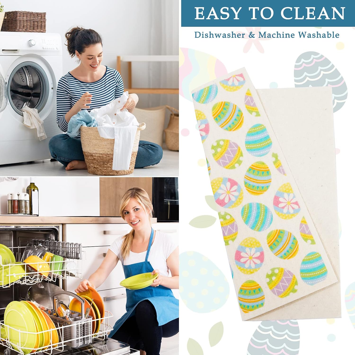 Whaline 6 Pcs Easter Swedish Dishcloths Easter Egg Bunny Chicken Flower Kitchen Dish Towel Cute Reusable Cotton Kitchen Towels for Easter Spring Baking Cooking Home Seasonal Decoration, 6.7 x 7.7 Inch image 3