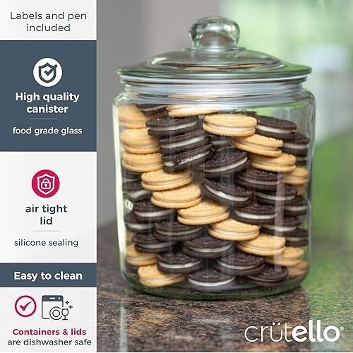 Miniatura 3 de Crutello Juego de recipientes de vidrio grandes de 1.5 galones con tapas y etiquetas herméticas de acero inoxidable negro, tarro de galletas, tarro