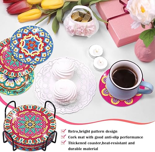 Miniatura 4 de Billbotk Juego de 8 posavasos de pintura de diamante con soporte, posavasos de arte de diamante, artes y manualidades para adultos, kits de pintura