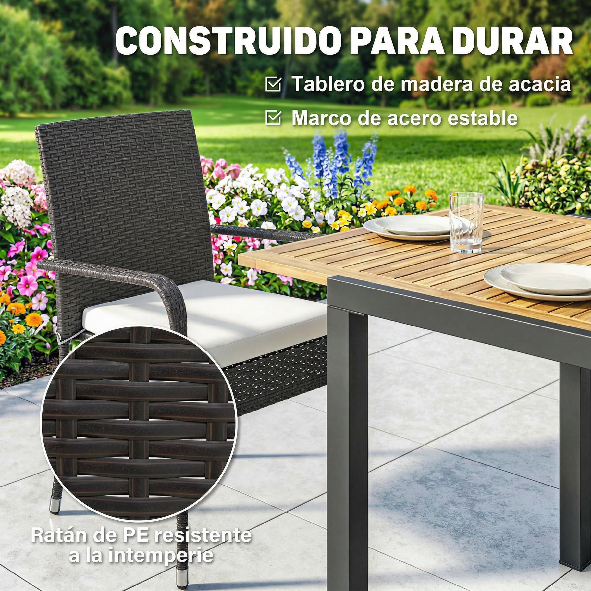 Outsunny Conjunto de Mesa y Sillas Jardín de Ratán de 7 Piezas, Crema | Mesa Extensible 100-150 cm Tablero Madera,6 Sillas Apilables,Cojines Extraíbles,Marco de Acero,Muebles Jardín Exterior