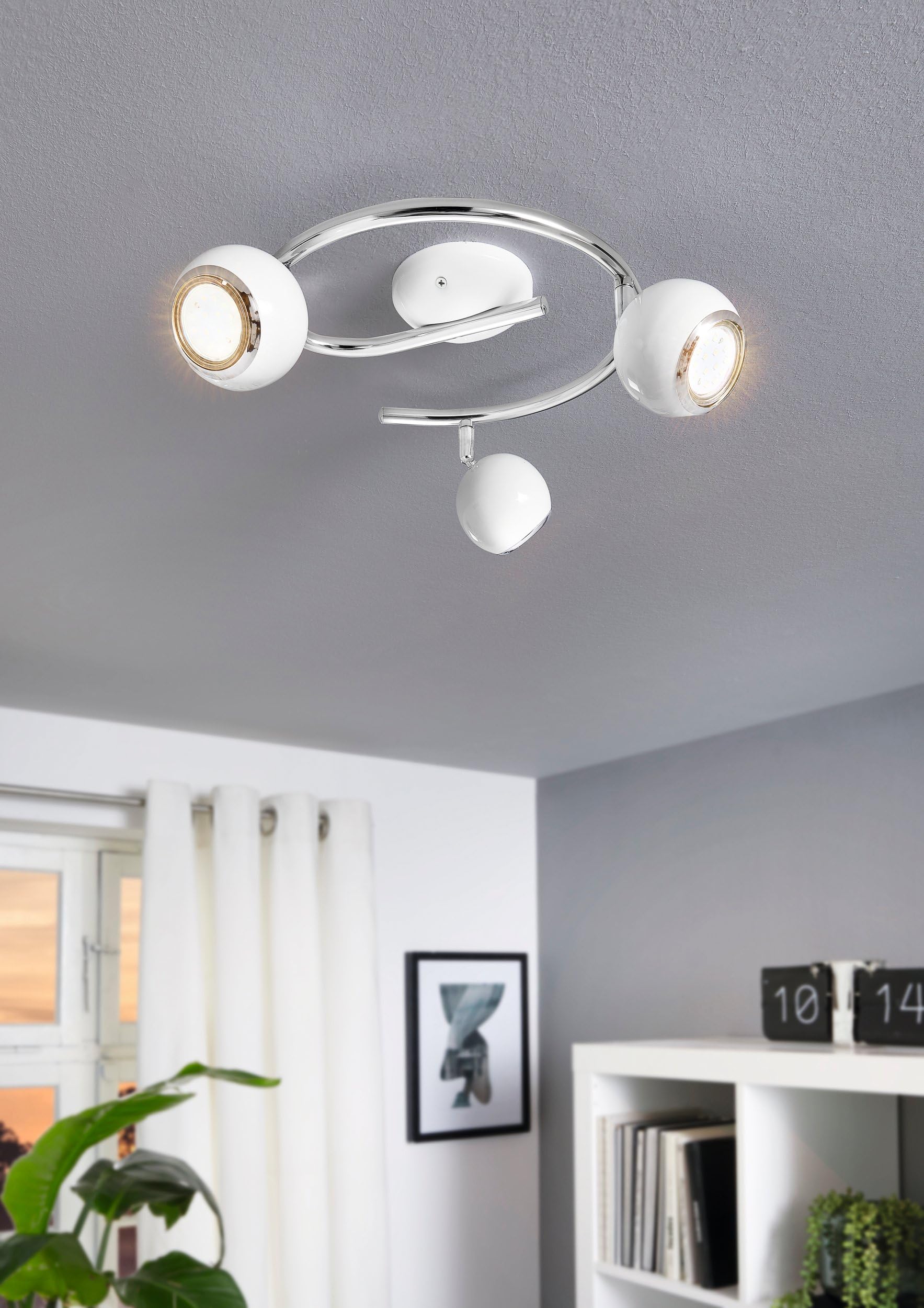 Eglo LED Lámpara de techo Bimeda, lámpara de techo de 3 luces, foco | de techo de metal en blanco y cromo, lámpara para salón, focos con bombillas GU10, luz cálida