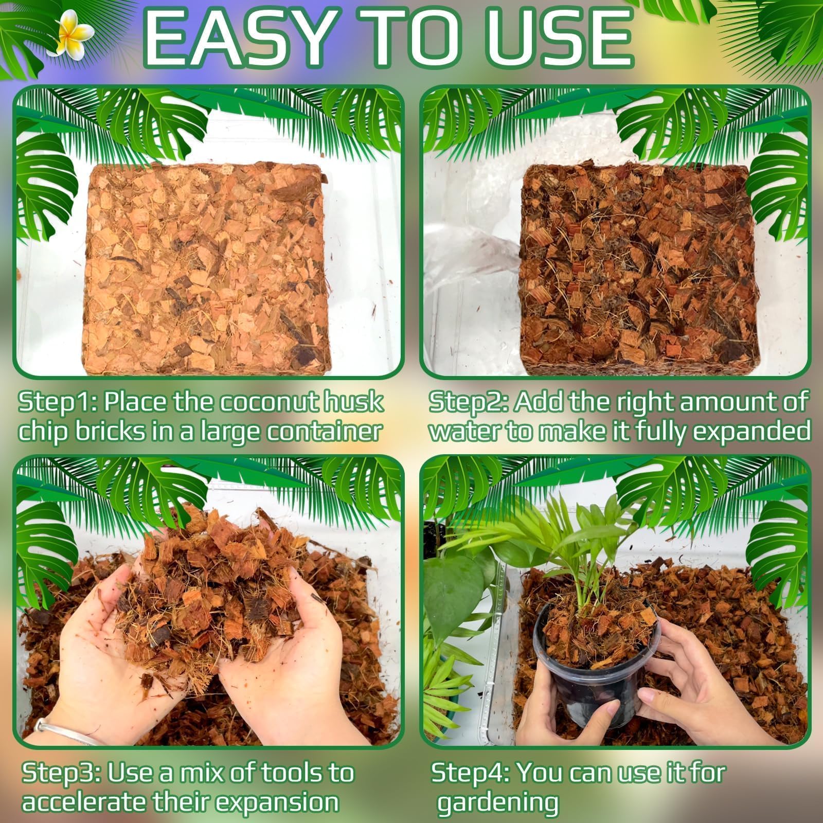 Halatool Chips de coco comprimidos de 10 libras, 100 % natural y orgánico, chips de cáscara de coco para plantas, flores, jardín