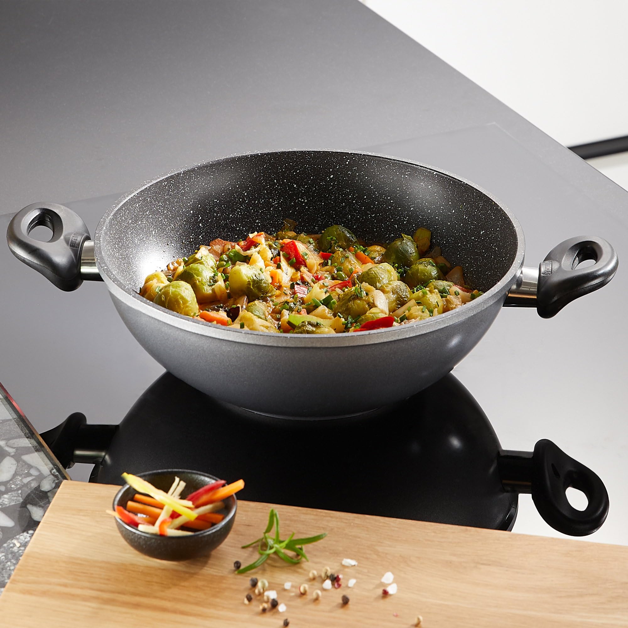 STONELINE Wok 28 cm con Coperchio in Vetro, a induzione pentole, Alluminio, Antracite