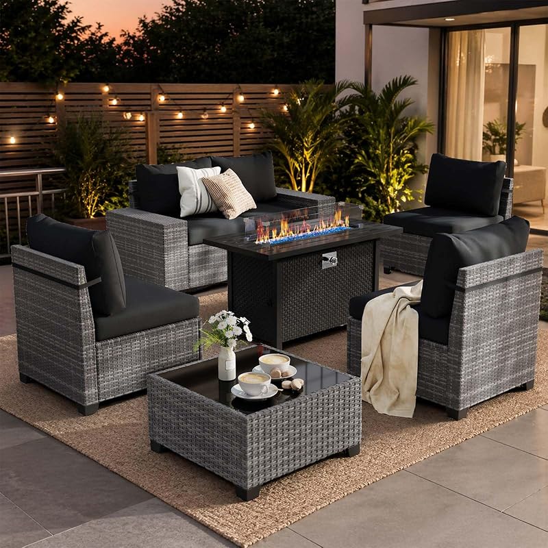 JOIVI 7 Pieces Outdoor Patio Furniture Set with 45" Fire Pit Table, Black image 3