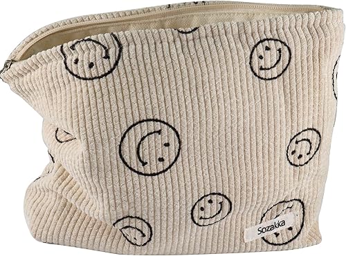 Miniatura 1 de HOYDATE Bolsa de cosméticos de pana para mujer bolsas de cosméticos de sonrisa bolsas de maquillaje de gran capacidad bolsa de artículos de tocador