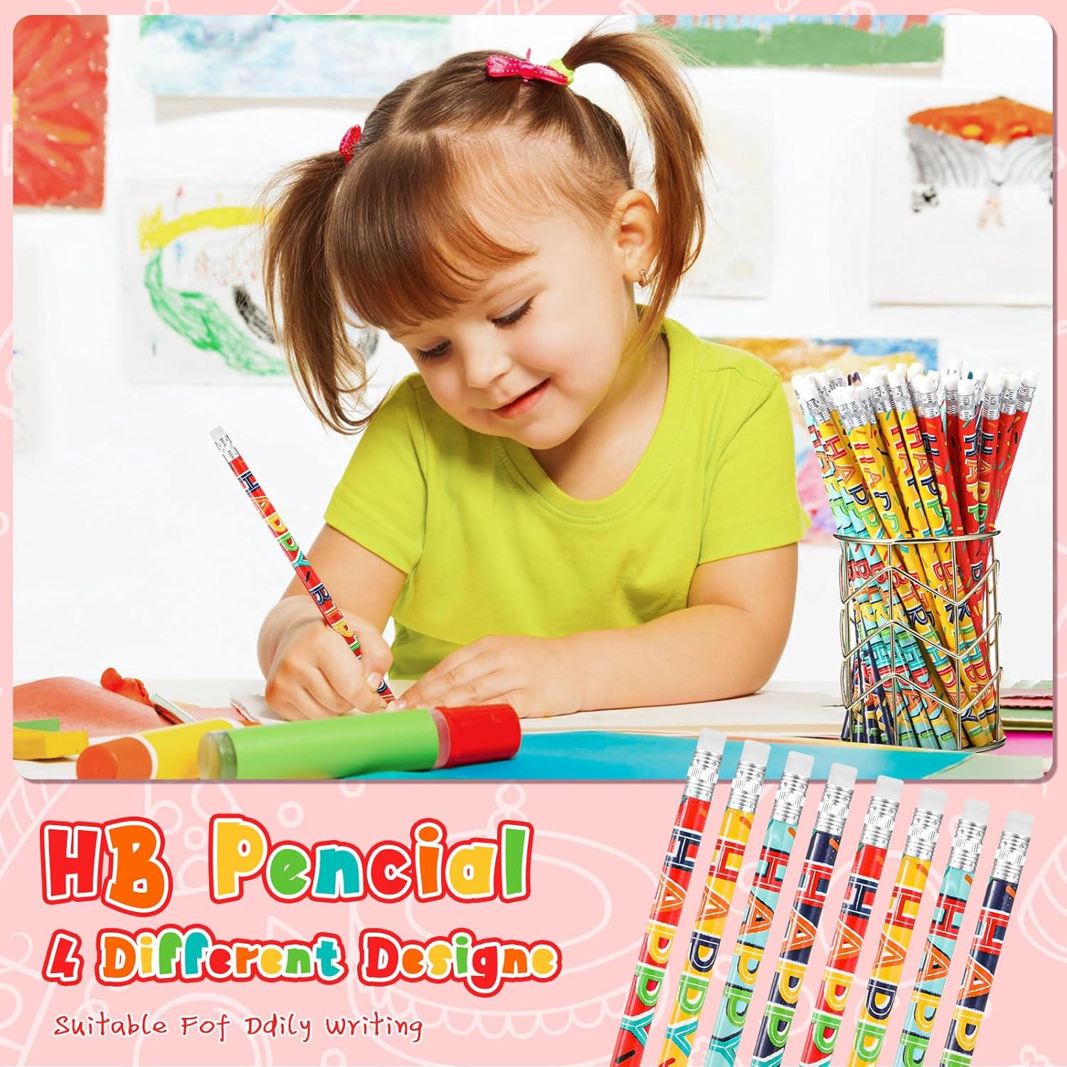 Kosiz 400 Pcs Happy Birthday Pencils for Students Colorful Printed Birthday Pencils Bulk with Top Erasers Wood Writing Instruments for Teachers Classroom Reward Party Kids Gifts Supplies