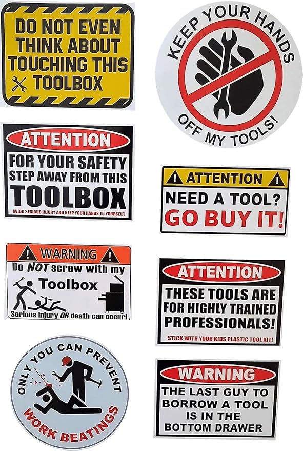 8 pcs Funny Toolbox Sticker Warning Decal Tool Box Sticker