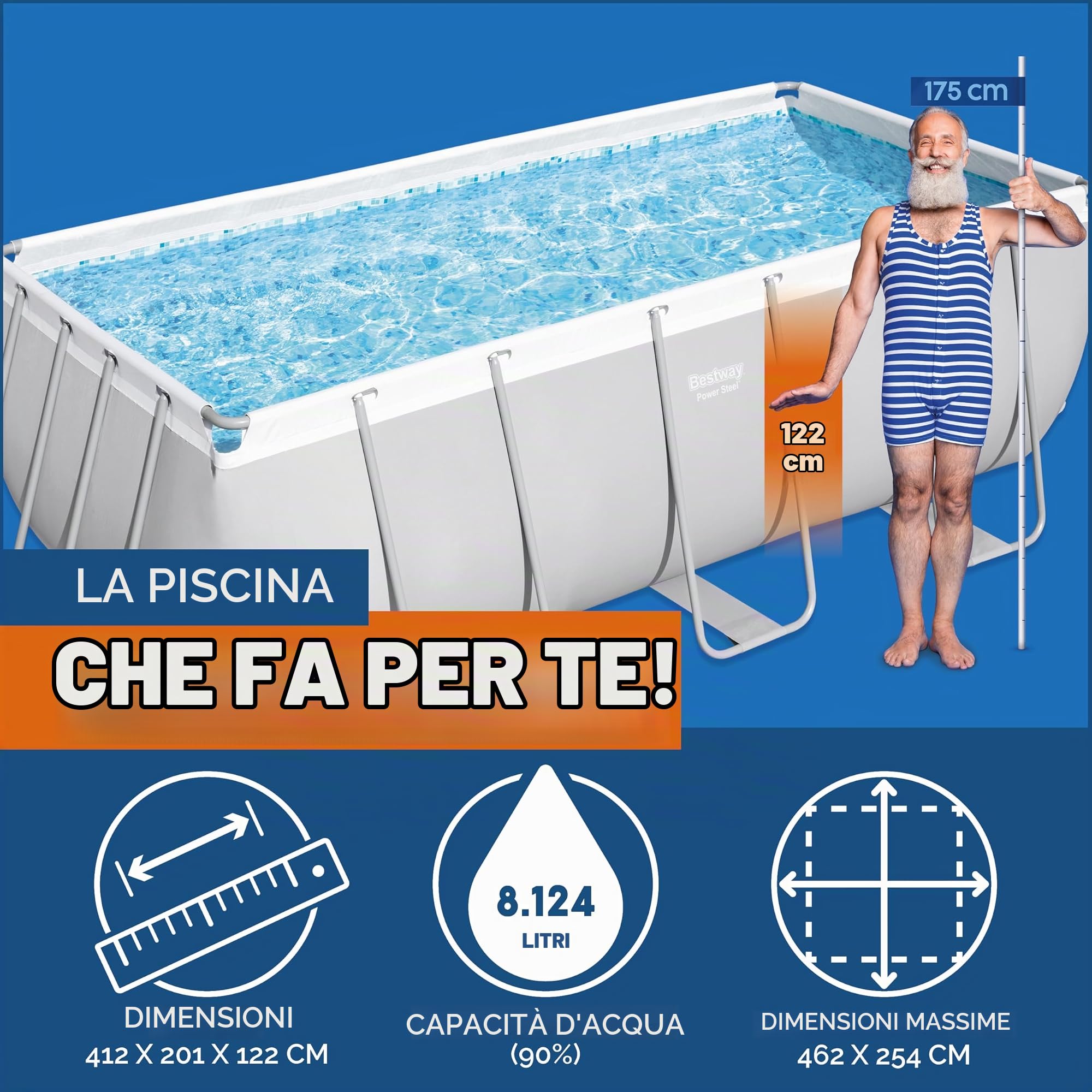 Bestway 5616P Piscina Fuori Terra Solo Struttura Power Steel™ da 412x201x122 cm in Grigio