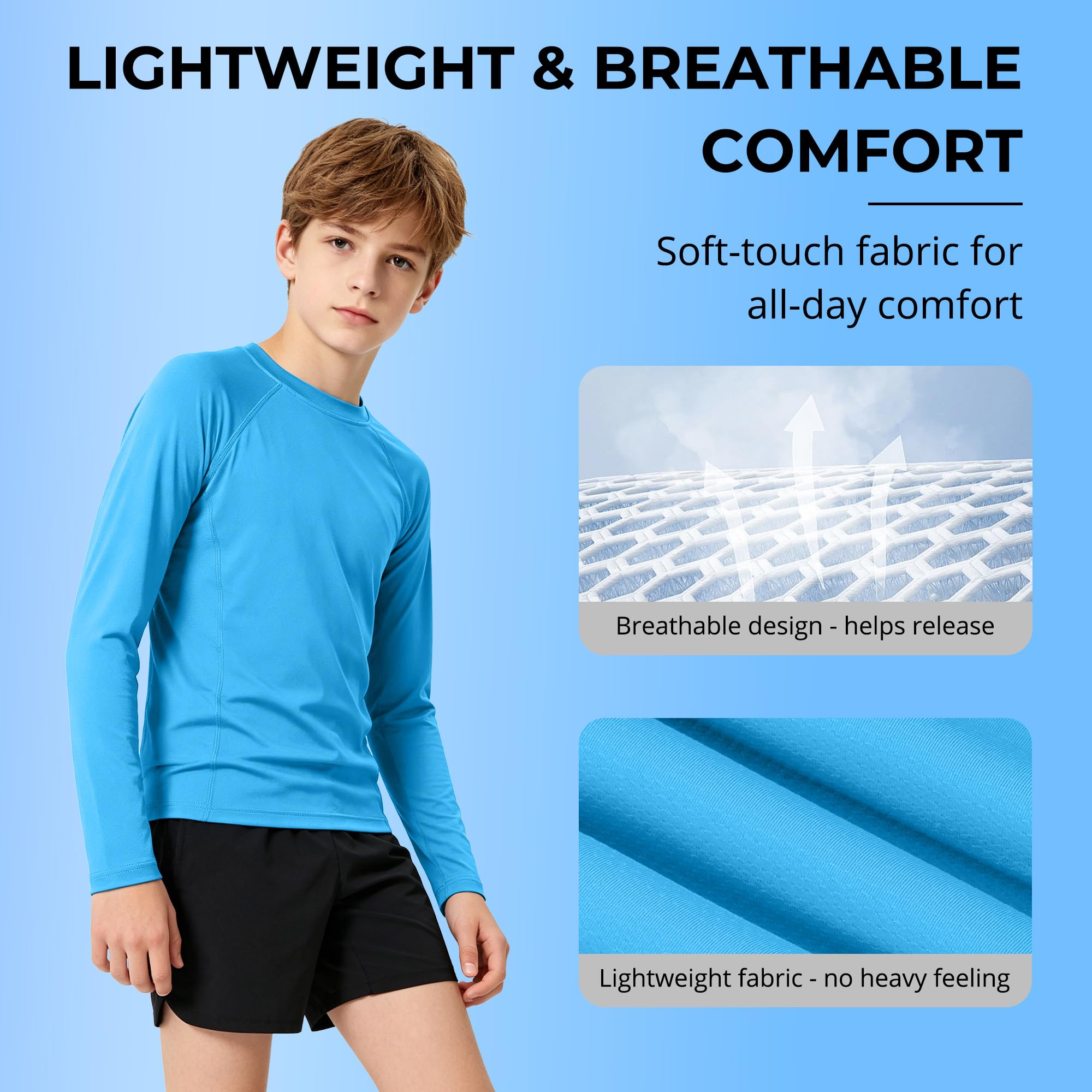 BIG ELEPHANT – Lot de 3 T-Shirts UV à Manches Longues pour garçons – UPF 50+, T-Shirts de Sport à séchage Rapide pour Enfants, Respirants, col Rond