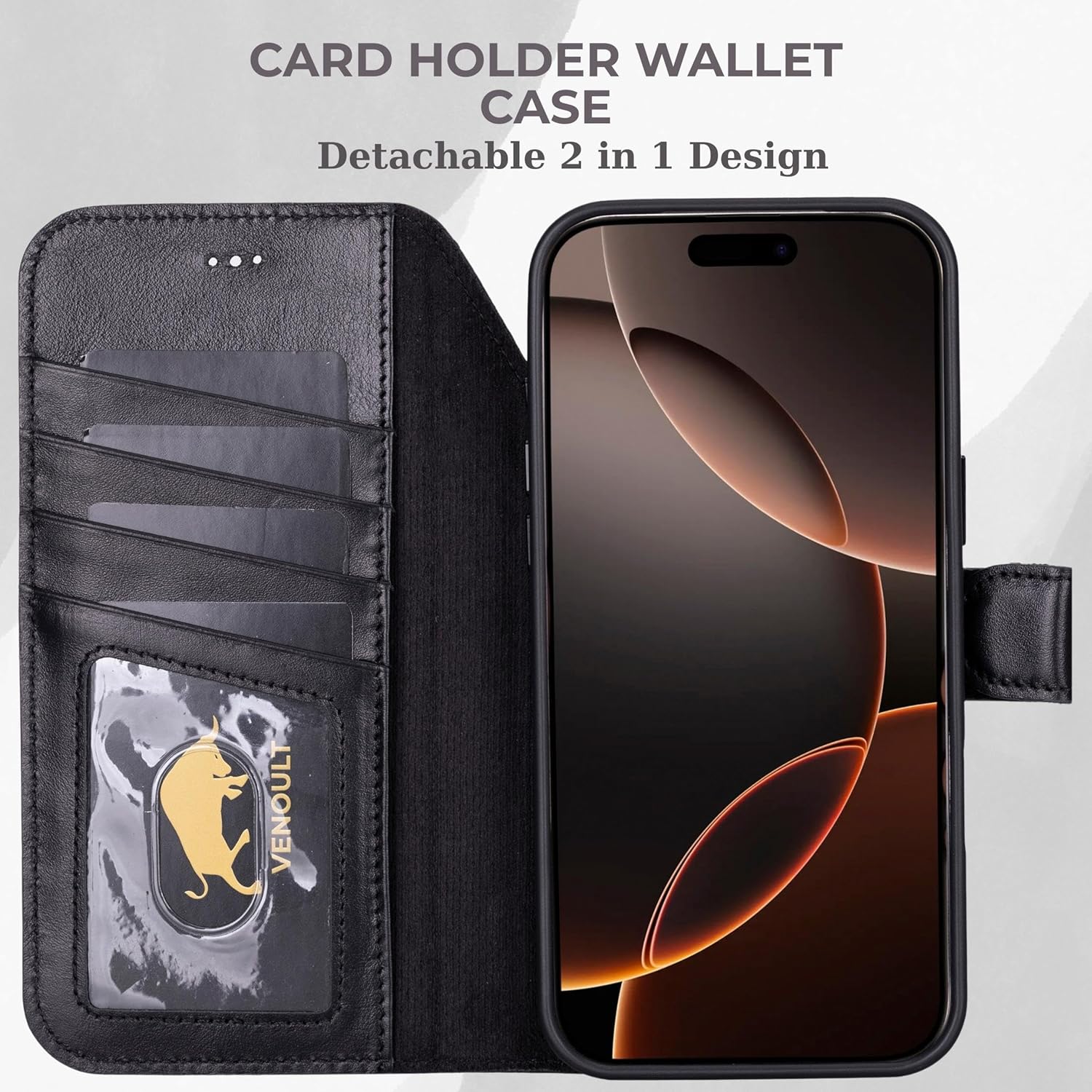 VENOULT Detachable Wallet Case for iPhone, Buesiness Style for 17 Pro MAX 4 Card Holder Folio Cover, Man or Women, Compatible with Magsafe, RFID, Full Grain Genuine Leather (Rustic Black)