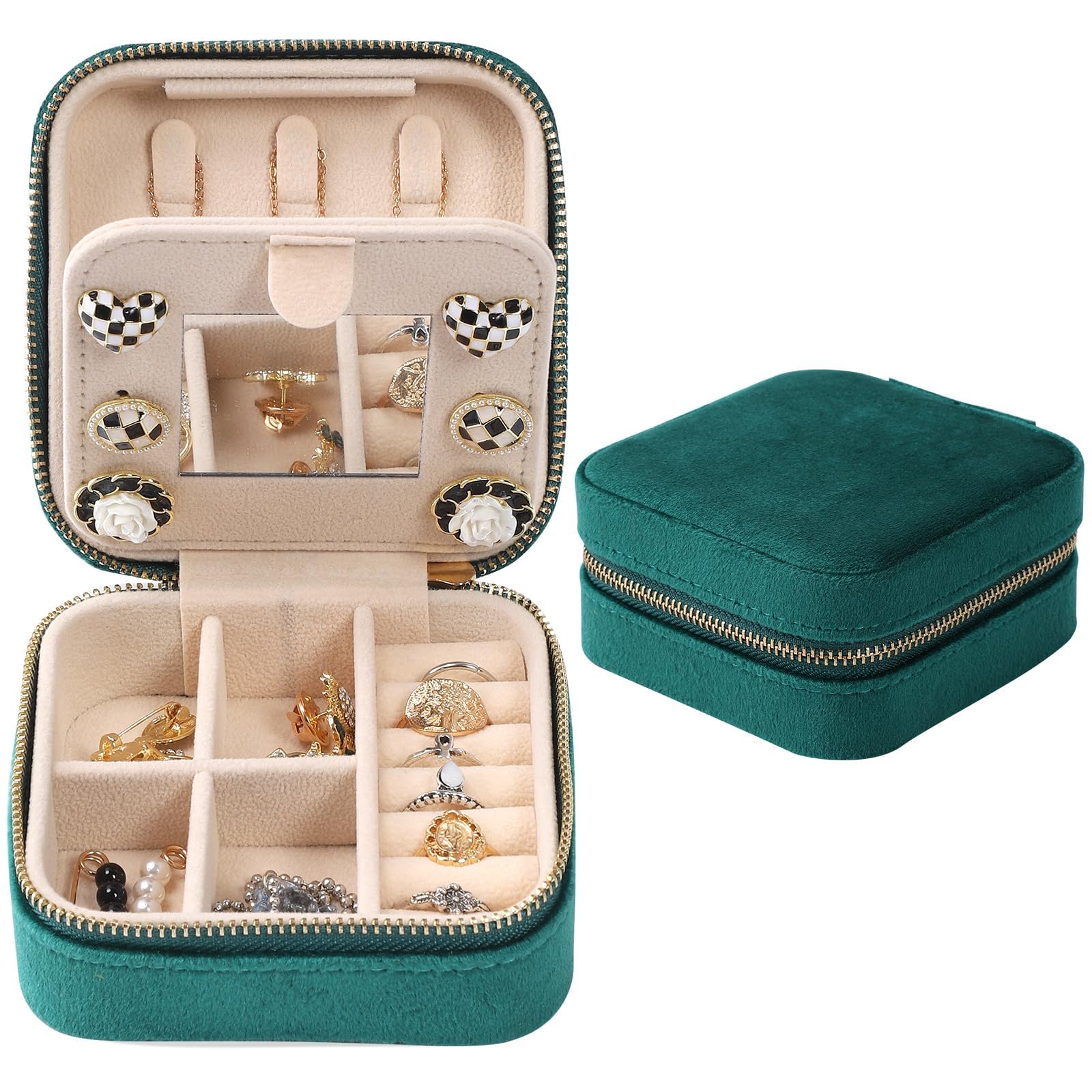 Dajasan Velvet Travel Jewelry Box, Mini Travel Jewelry Case, Small Portable Travel Jewelry Organizer with Mirror for Women Girls (Green)