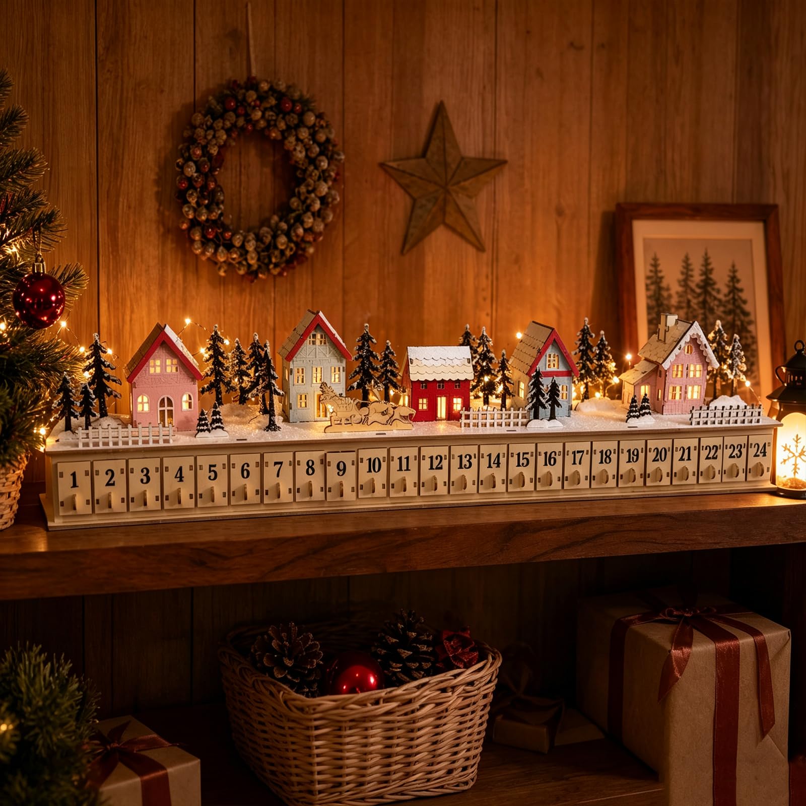 Calendario dell'Avvento in legno con villaggio di Natale luminoso, a batteria, decorazione natalizia con 24 cassetti riempibili, decorazione per conto alla rovescia per 24 giorni, decorazione