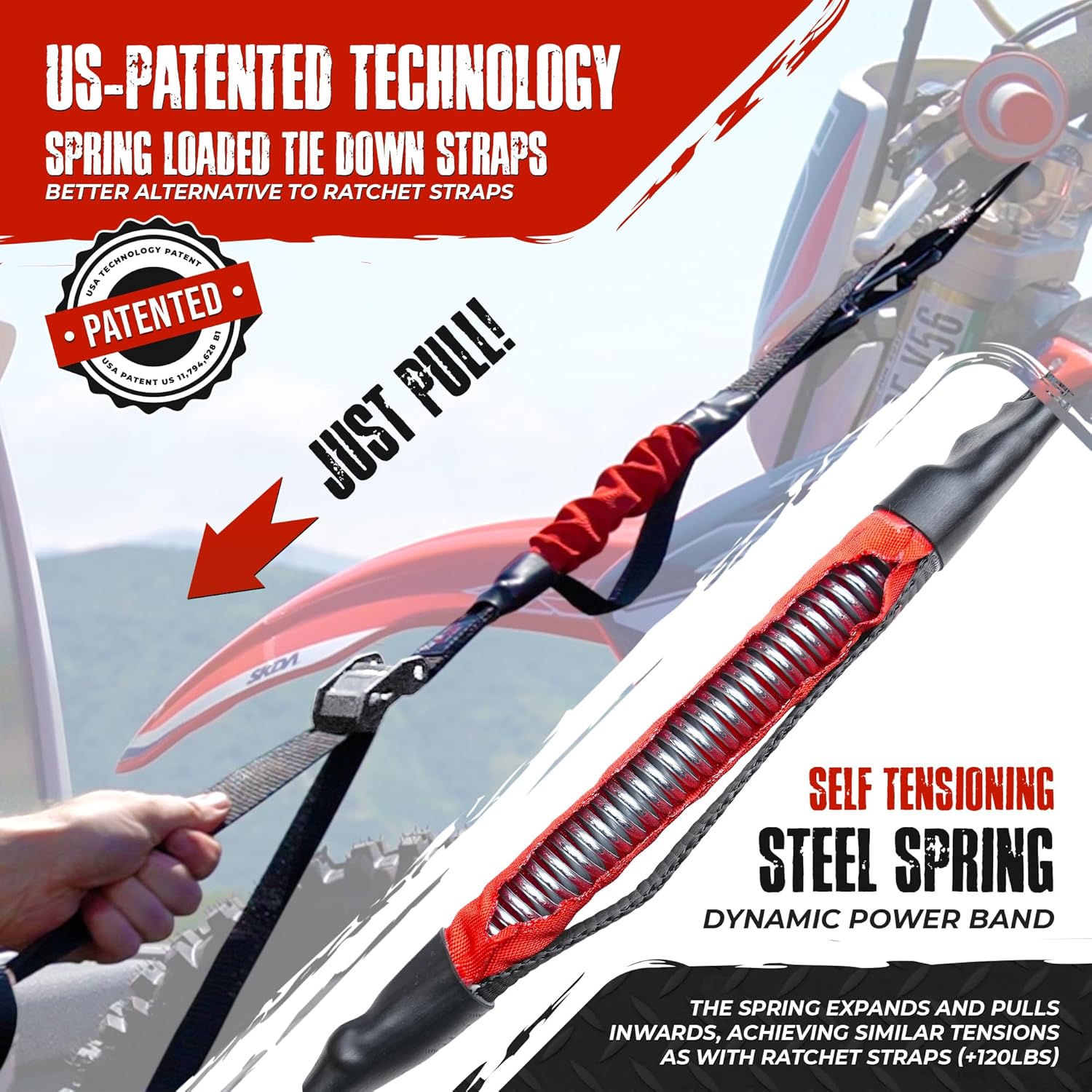 TorkStrap 14' x 1'' Self Tensioning Tie Down Straps [Patented] - Automatically Adapt to Load Shifts - 1,500LB Break Strength - Pull Alternative to Ratchet Straps - Integrated Soft Loops & Hooks (2-PK) - Image 2