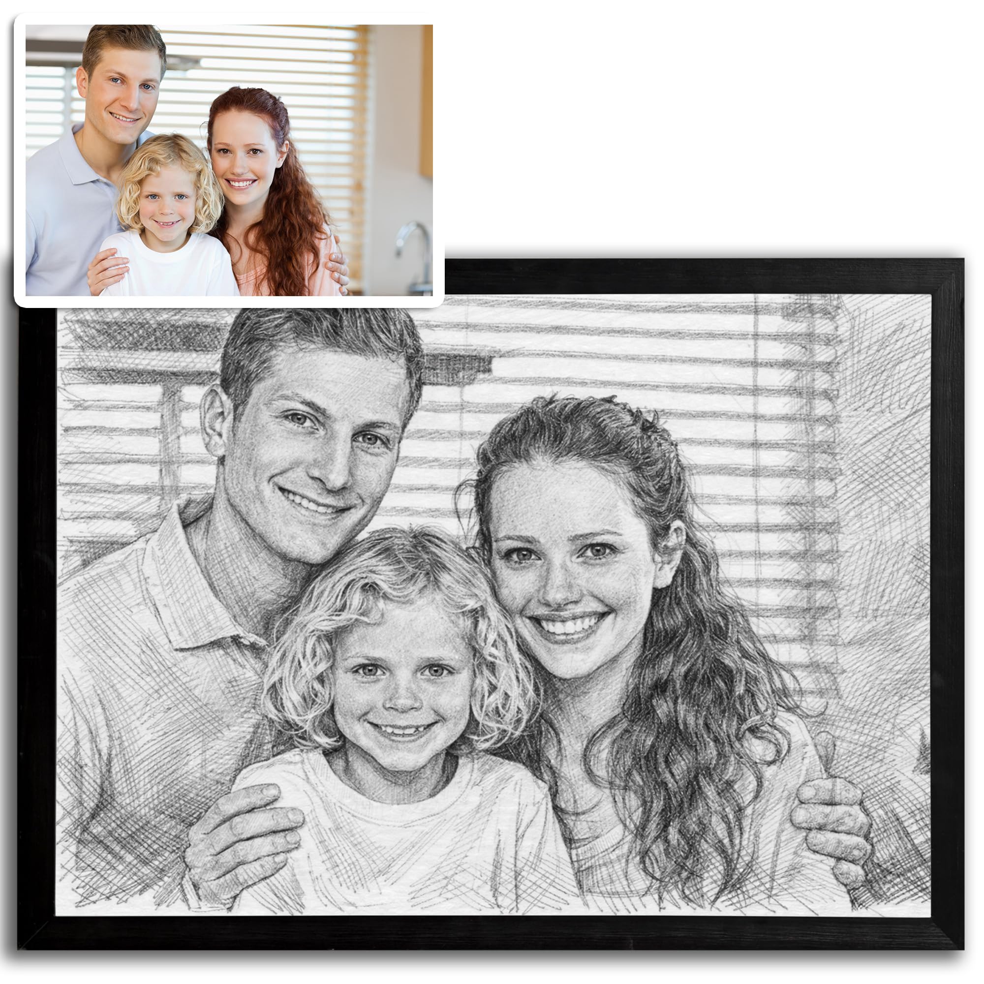 Triangle Déco Ritratto personalizzato da foto disegno artistico matita grafite Poster Tela Plexiglas o Quadro formato paesaggio – Regalo personalizzato Natale compleanno coppia famiglia amici