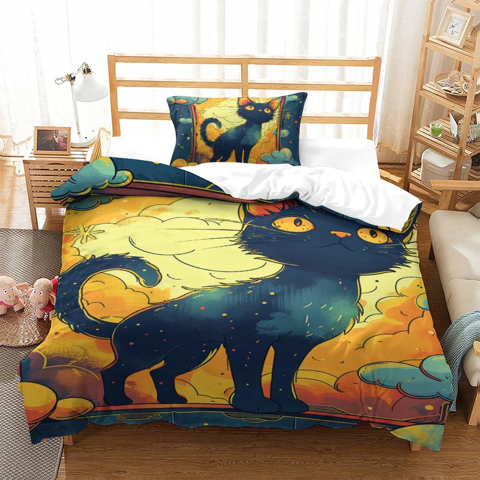 Housse de couette chat flamme en microfibre respirante et super douce 1 place