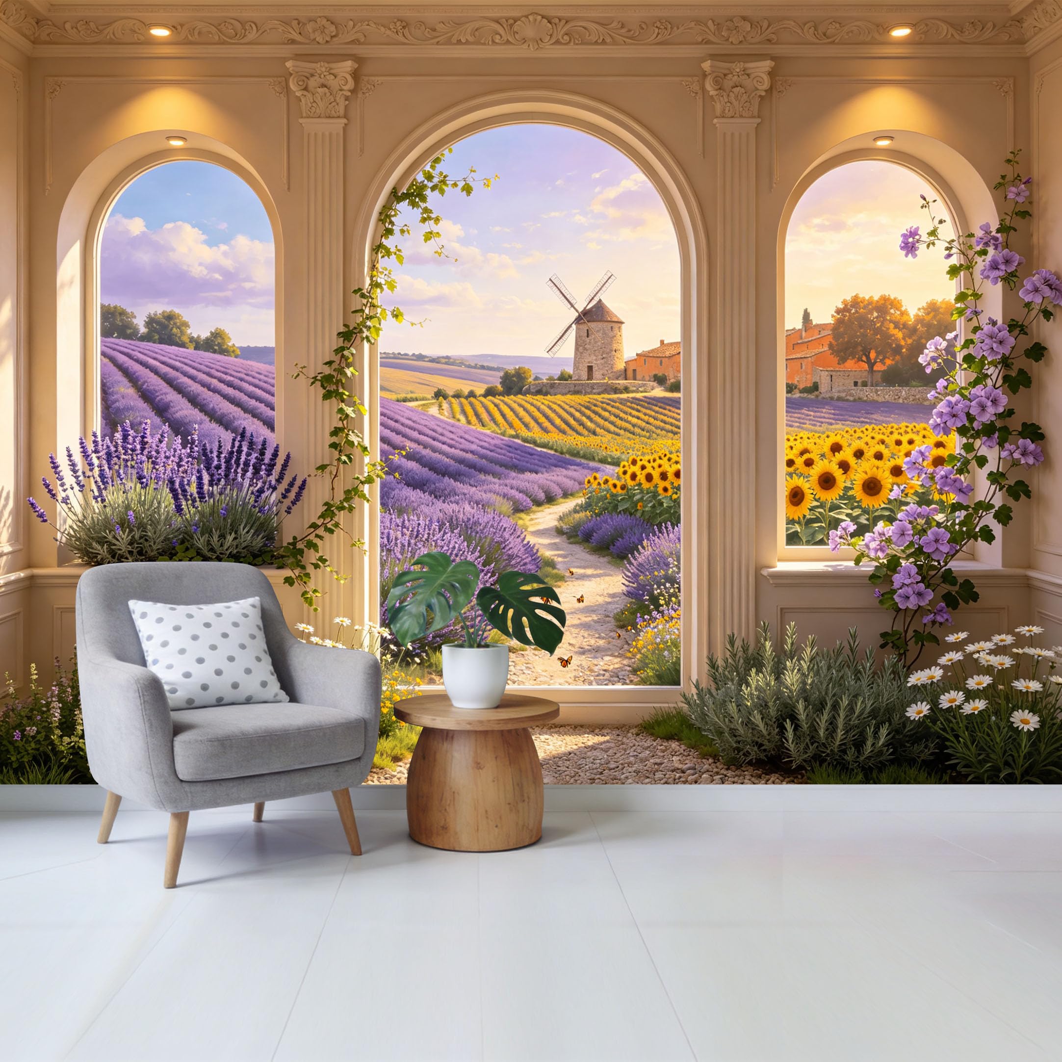 Removable Self Adhesive Fabric Mural， French Countryside Lavender Field Sunflower Windmill Custom Size Wall Covering， UV Protected Waterproof Washable Wall Decor for Living Room Bedroom