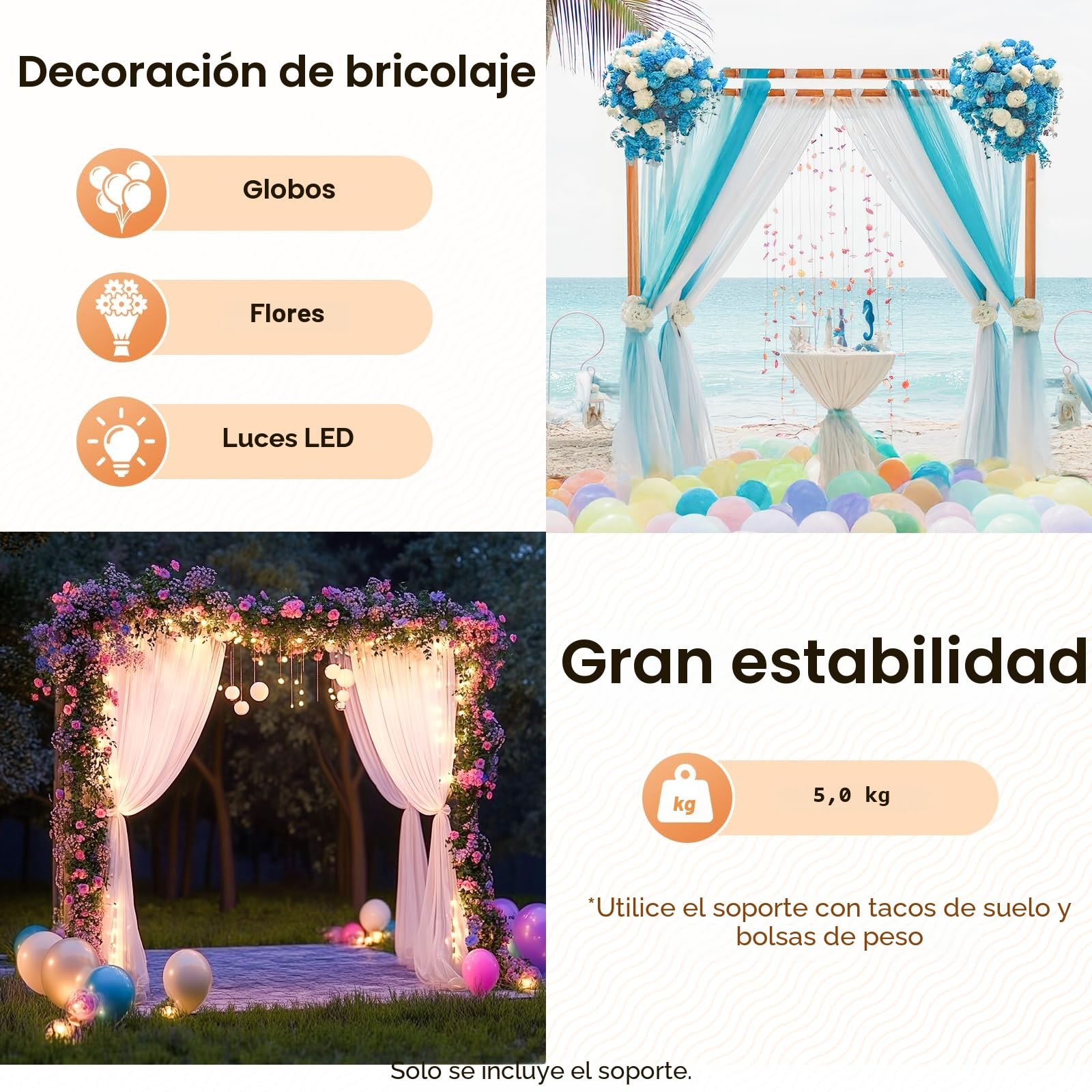 Arco de boda cuadrado, soporte metálico, arco de globos, bricolaje flores muslin guirnaldas, decoración de fiesta y ceremonia, exterior interior estable reutilizable, 2 x 1,5 m