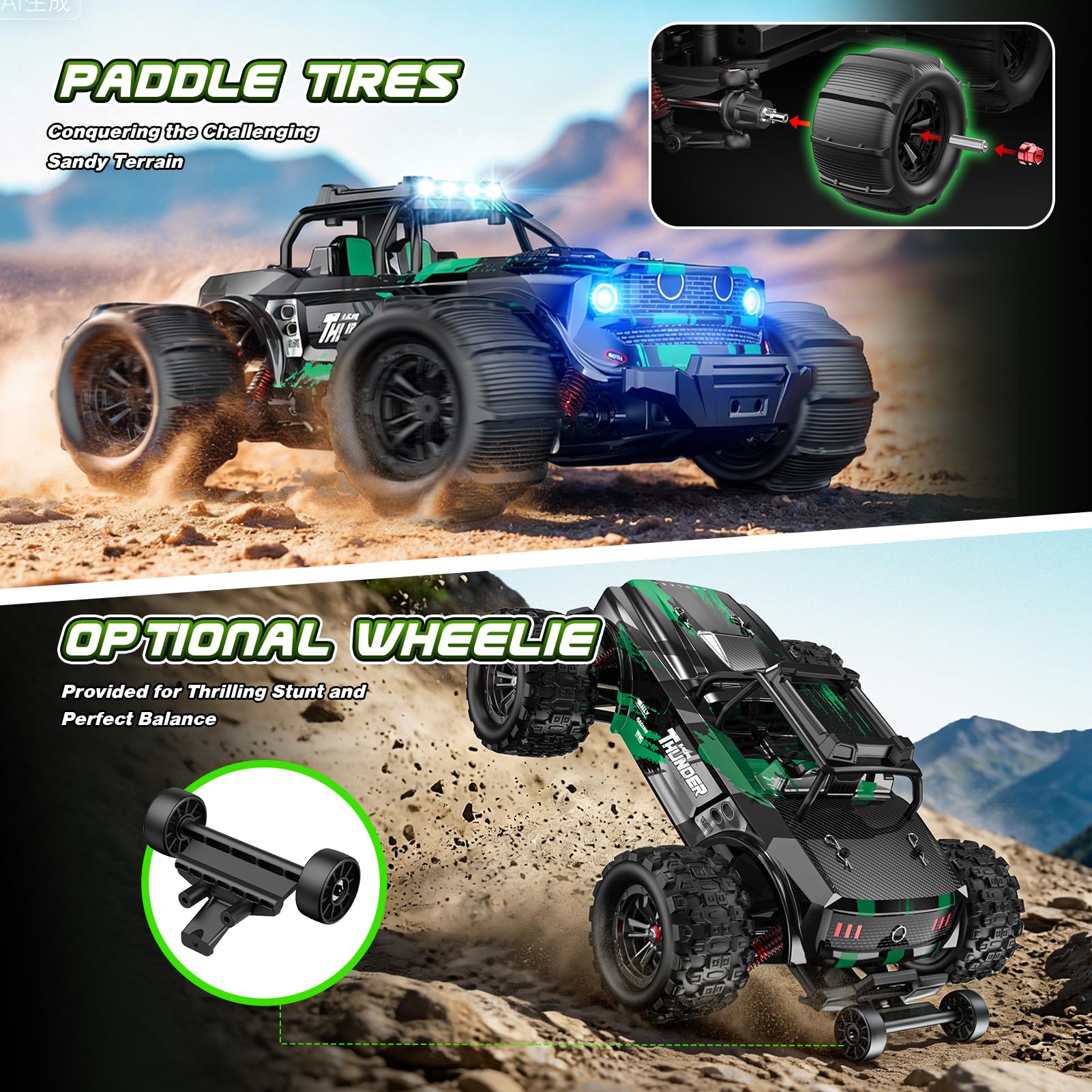 HappyGoLucky 1:14 Macchina Telecomandata Professionale, 50 KM/H, 2 Batterie da 2000 mAh, 4x4 All Terrains Monster Truck con luci LED, Auto Radiocomandata per Adulti e Ragazzi