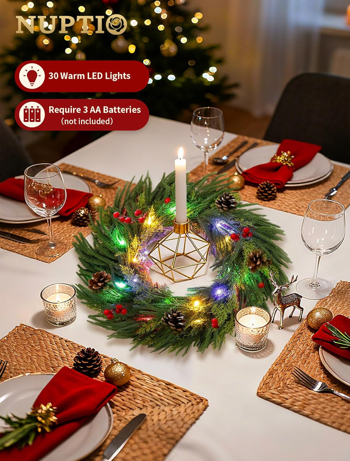 NUPTIO Christmas Norfolk Pine Garland: 6Ft Artificial Pre-Lit Cedar Garland for Mantle Fireplace Table Stair - Real Touch Greenery Decorations 30 LED Lights 12-Mode with Remote Timer for Door Wall