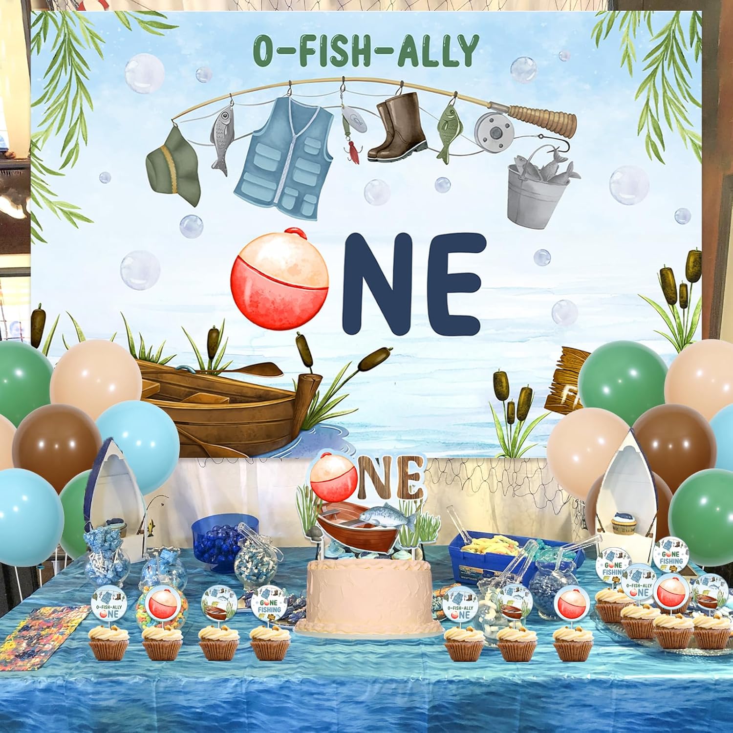 Sursurprise Fishing 1st Birthday Decorations, O Fish Ally One Backdrop Banner Gone Fishing Cake Topper Retro Balloons for Boys First Birthday Party Supplies - Image 3