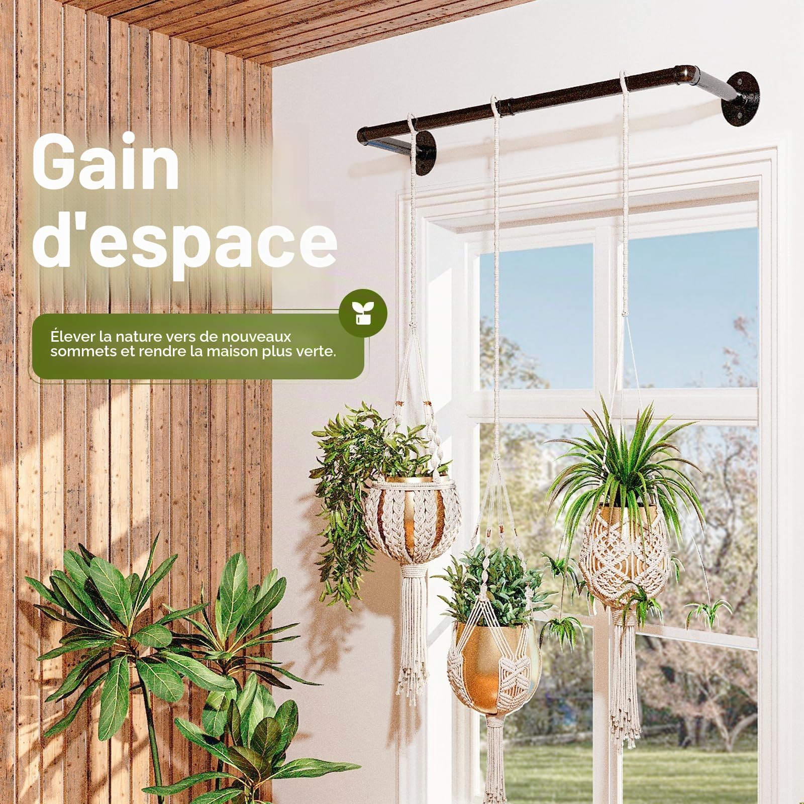 Bamworld Porte-Plantes Suspendues 92 cm Tringle Murale Métal