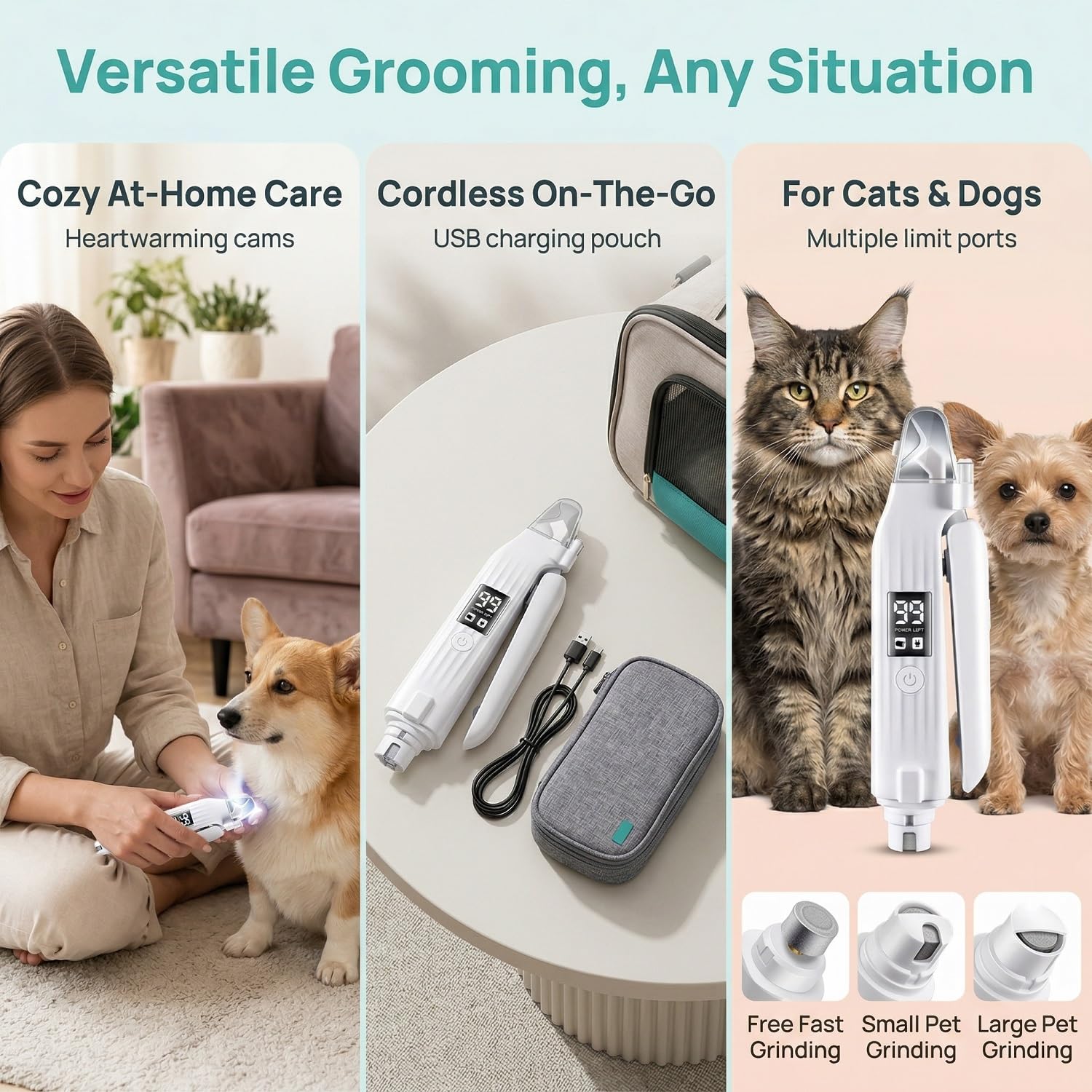 Cortaúñas y amoladora LED 2 en 1 para gatos y perros, cortaúñas eléctrico de bajo ruido con luz de seguridad, herramienta recargable de aseo para mascotas pequeñas y medianas