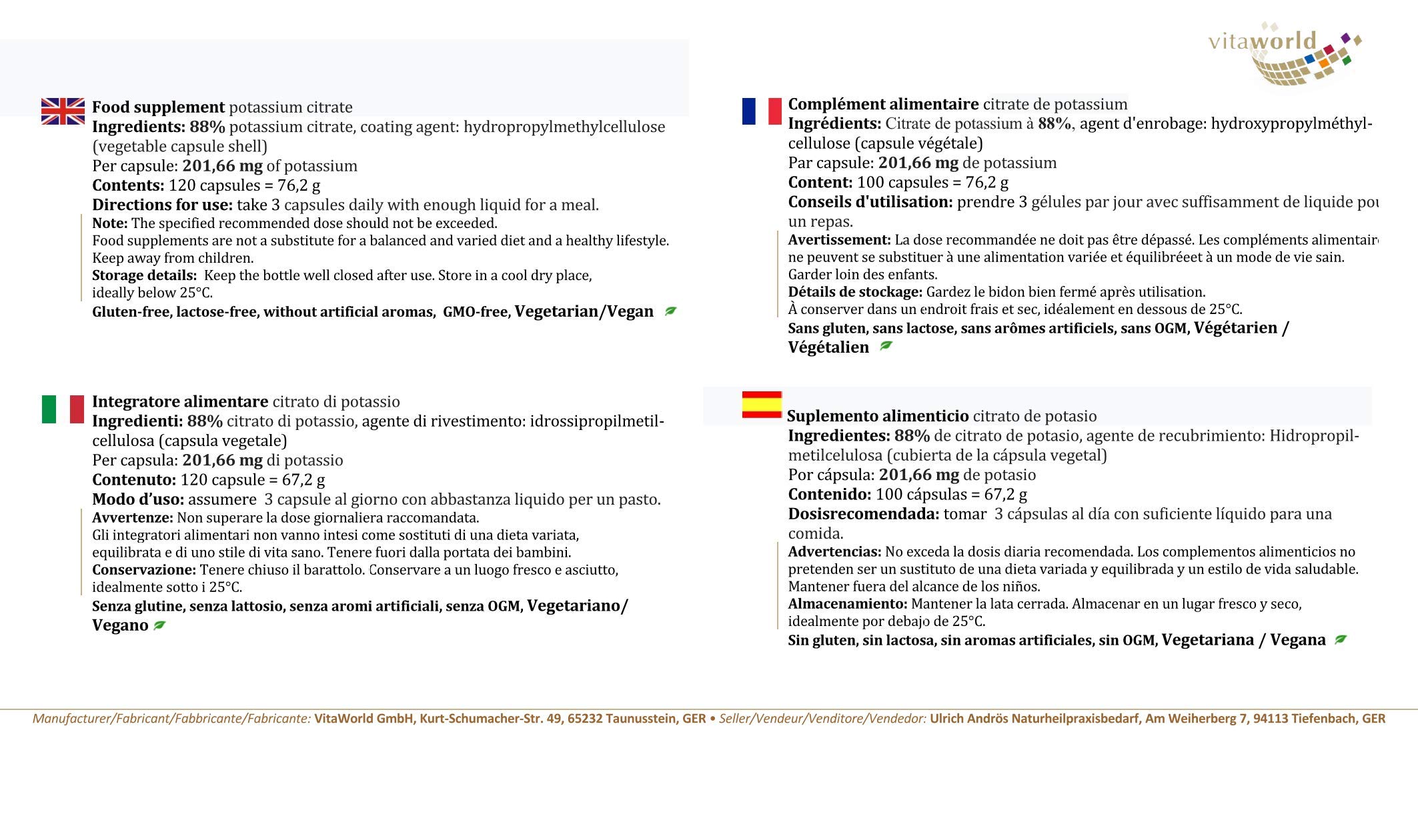 Vita World Pack de 3 Citrate de potassium 605mg dose journalière 3 x 120 Capsules Made in Germany