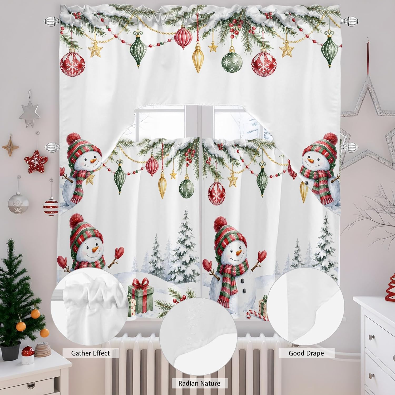 Christmas Snowman Kitchen Curtains Sets for Windows 3 Piece, Winter Pine Tree Kitchen Curtains and Valances Tier Set 24 Inch Length Xmas Snowflake Swag Curtain for Living Room Cafe Bathroom Bedroom