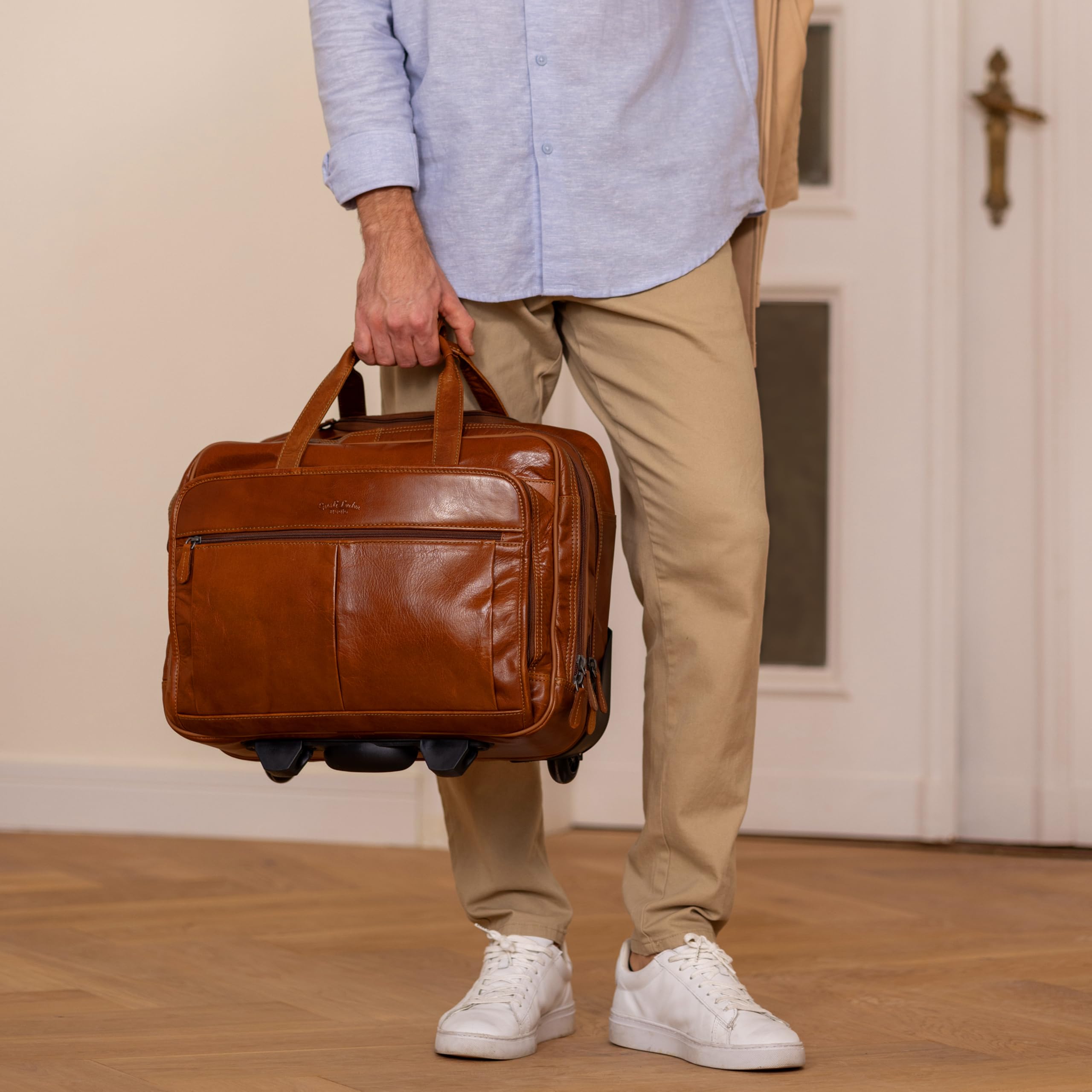 Gusti Leder Trolley Rollkoffer Handgepäck – Echtes Leder Cabin Suitcase mit Rollen – Business Trolley & Aktentasche mit Laptopfach für Reisen und Arbeit