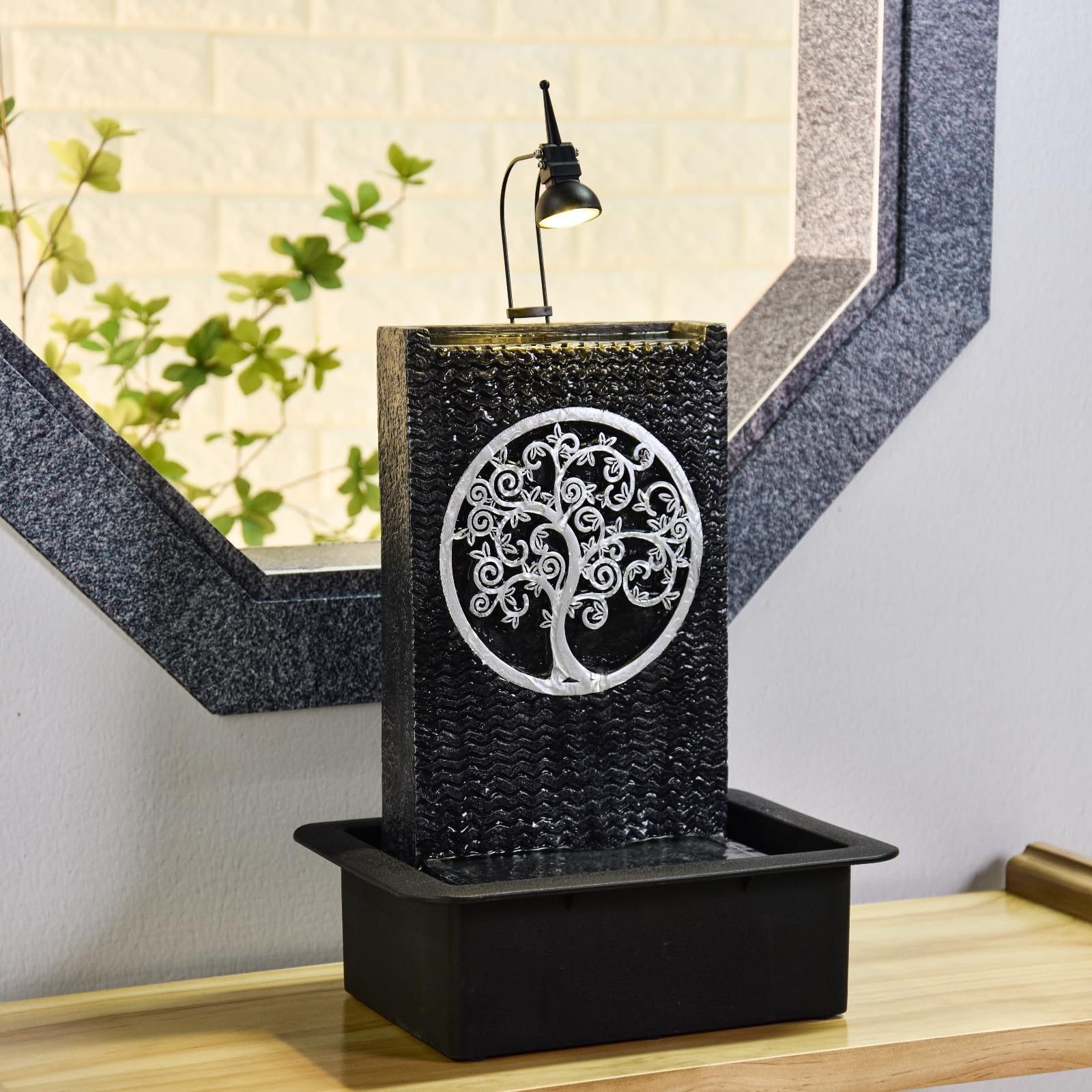 Fontaine d’Intérieur Mur d’Eau Cascade Motif Arbre de Vie Lumière Spot Blanc, Grand Décoration de Table Bureau Salon Chambre, Source de Zenitude Méditation Relaxation, H 40cm – Arbre de Vie Zen’Light