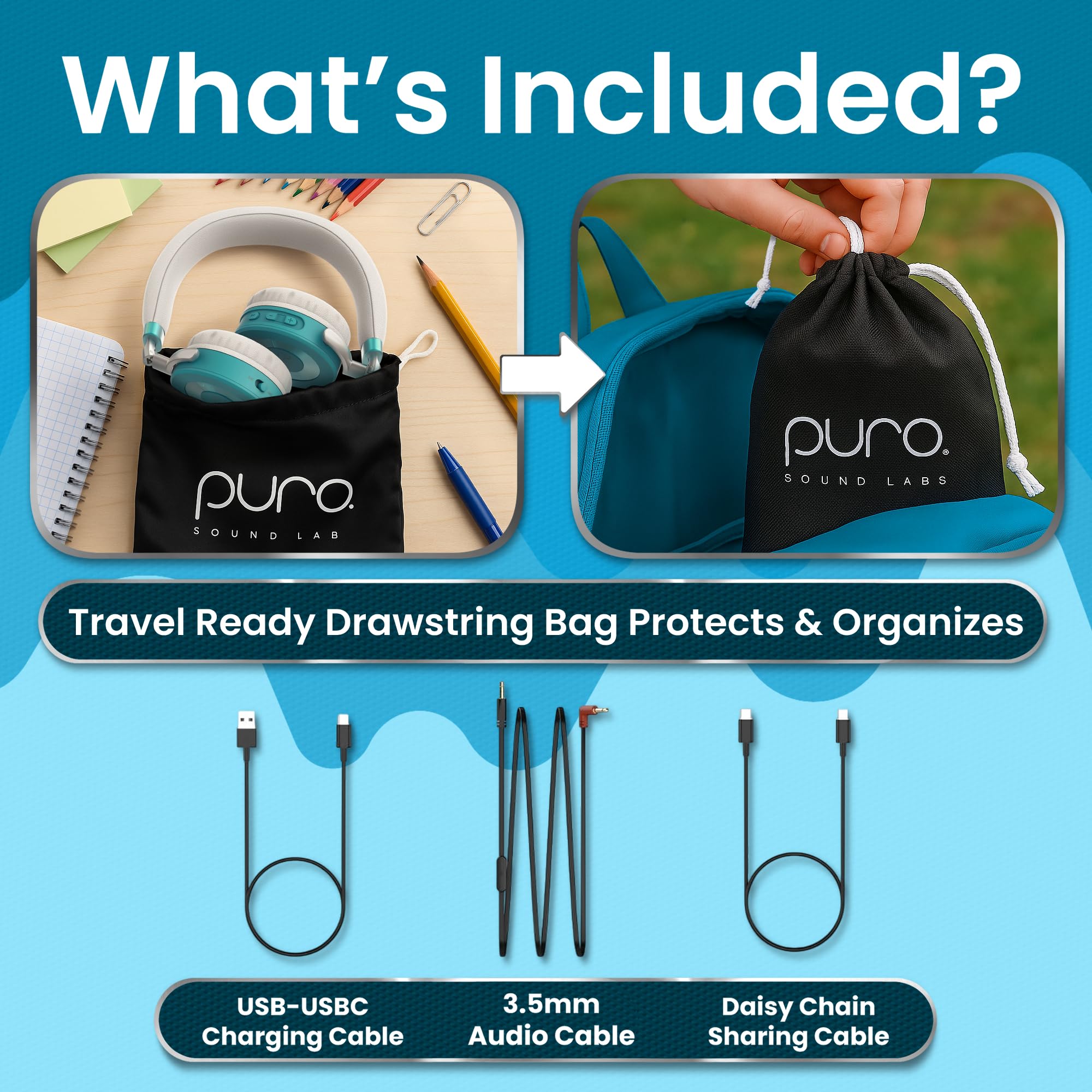 Puro Sound Labs JuniorJam Plus - Auricolari con limitazione di volume per bambini, limite di 85 dB, cuffie Bluetooth regolabili per tablet, smartphone, computer, 22 ore di autonomia