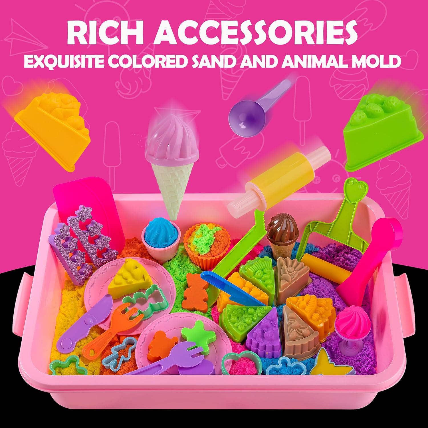 Cake & Ice Cream Sensory Bin Toy, Play Sand Box Toys with 2.65lbs Colored Sand, 21 Molds, 7 Tools, 7 Decorative Plug-in and 6 Tableware, Pretend Play Sandbox Art Kits, Beach Toys for Kids Ages 3-8
