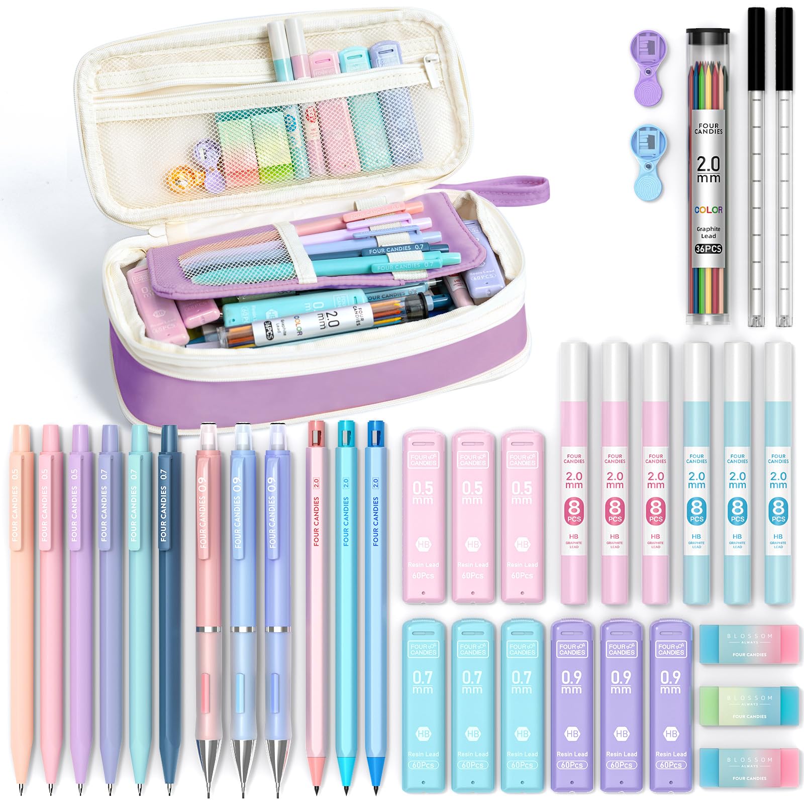Four Candies 36PCS Aesthetic School Supplies, Mechanical Pencil Set 0.5mm, 0.7mm, 0.9mm & 2.0mm with 624 Lead Refills, Back to School Supplies for