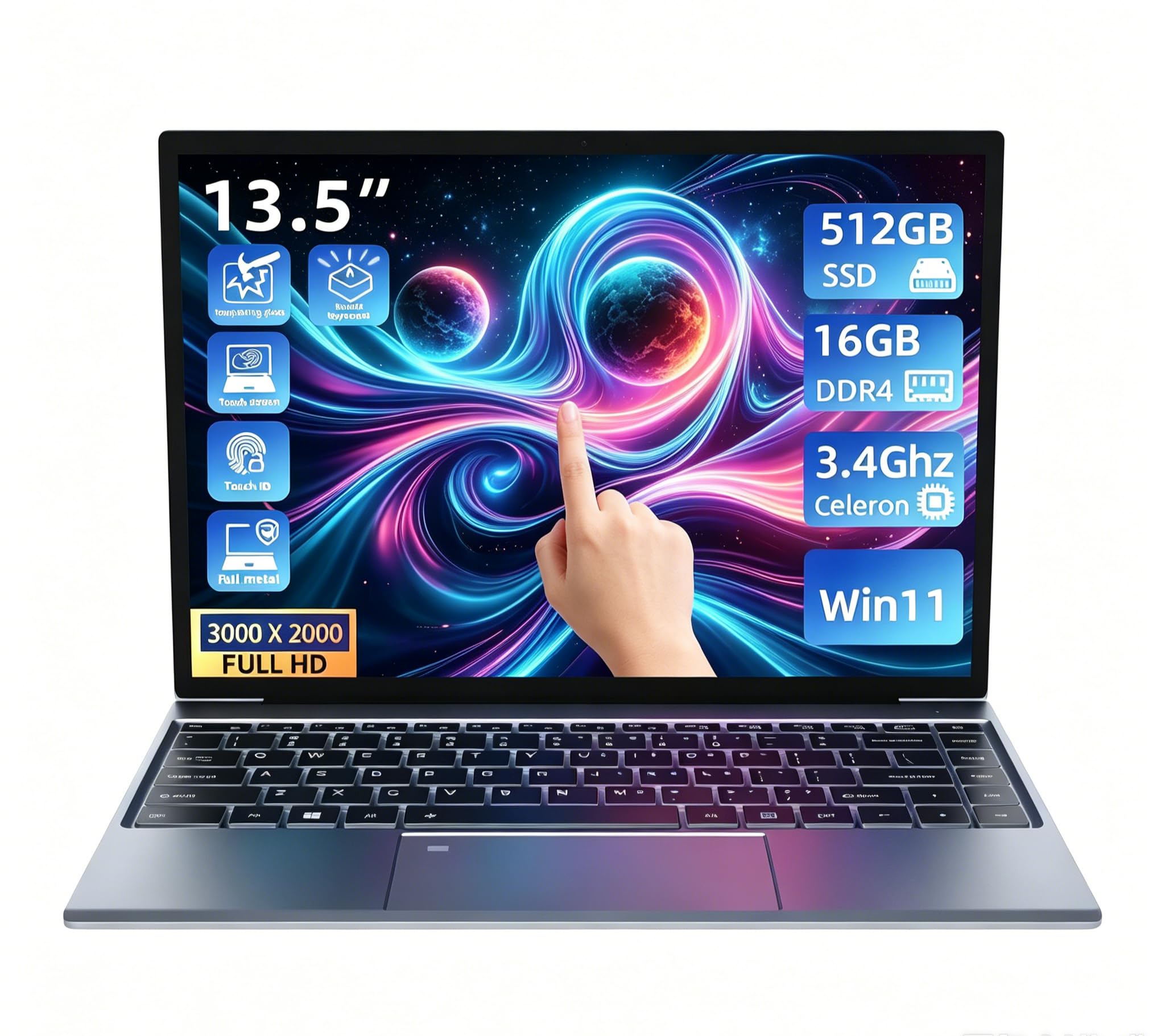 13.5inch Touchscreen Laptop with 16GB RAM, 512GB SSD, 3K (3000×2000) IPS, Celeron N95 Processor up to 3.4 GHz, Win 11,Backlit Keyboard, Fingerprint Unlocking