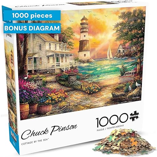 Miniatura 1 de Buffalo Games - Chuck Pinson - Cottage by the Sea - Rompecabezas de 1000 piezas para adultos, rompecabezas de faro sereno con póster, rompecabezas