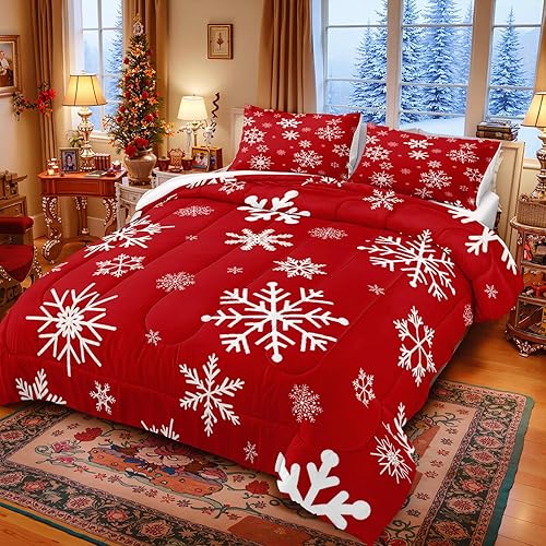 Juego de edredón navideño con copo de nieve, juego de edredón impreso en blanco y rojo, juego de ropa de cama navideña con diseño festivo de