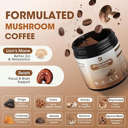 Miniatura 2 de 2Pack Café de Hongos - Polvo de Hongos Melena de León Arabica Café Instantáneo con Melena de León, Reishi, Chaga, Cordyceps y Cola de Pavo -