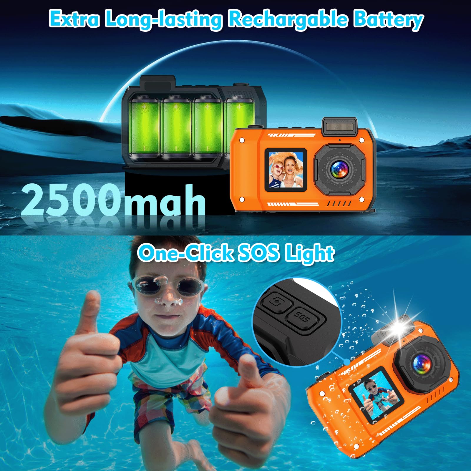 Cámara subacuática de 33 pies/10 m, cámara Digital Impermeable 4K 48MP con Tarjeta de 32 GB, Doble Pantalla, Resistente, a Prueba de Polvo, a Prueba de Golpes, Enfoque automático, cámara Digital para