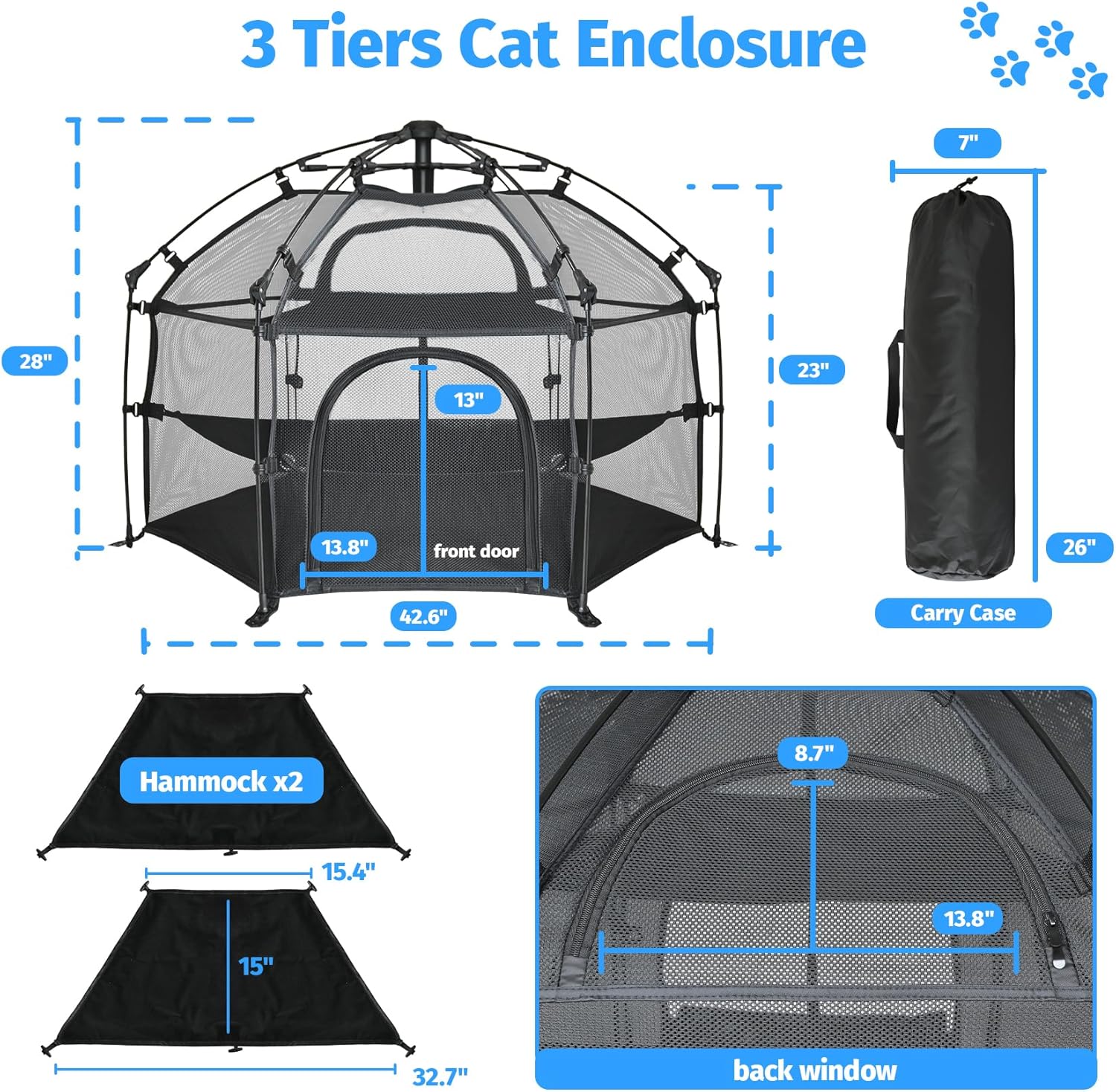 EighteenTek® Catio Outdoor Cat Enclosure 3-Tier Pop up Cat Tent Playpen | Portable Kitten Catio Tower | Pet Playpen Indoor/Outdoor Cats Enclosed | Play Tents for Patio Balcony Courtyard Camping