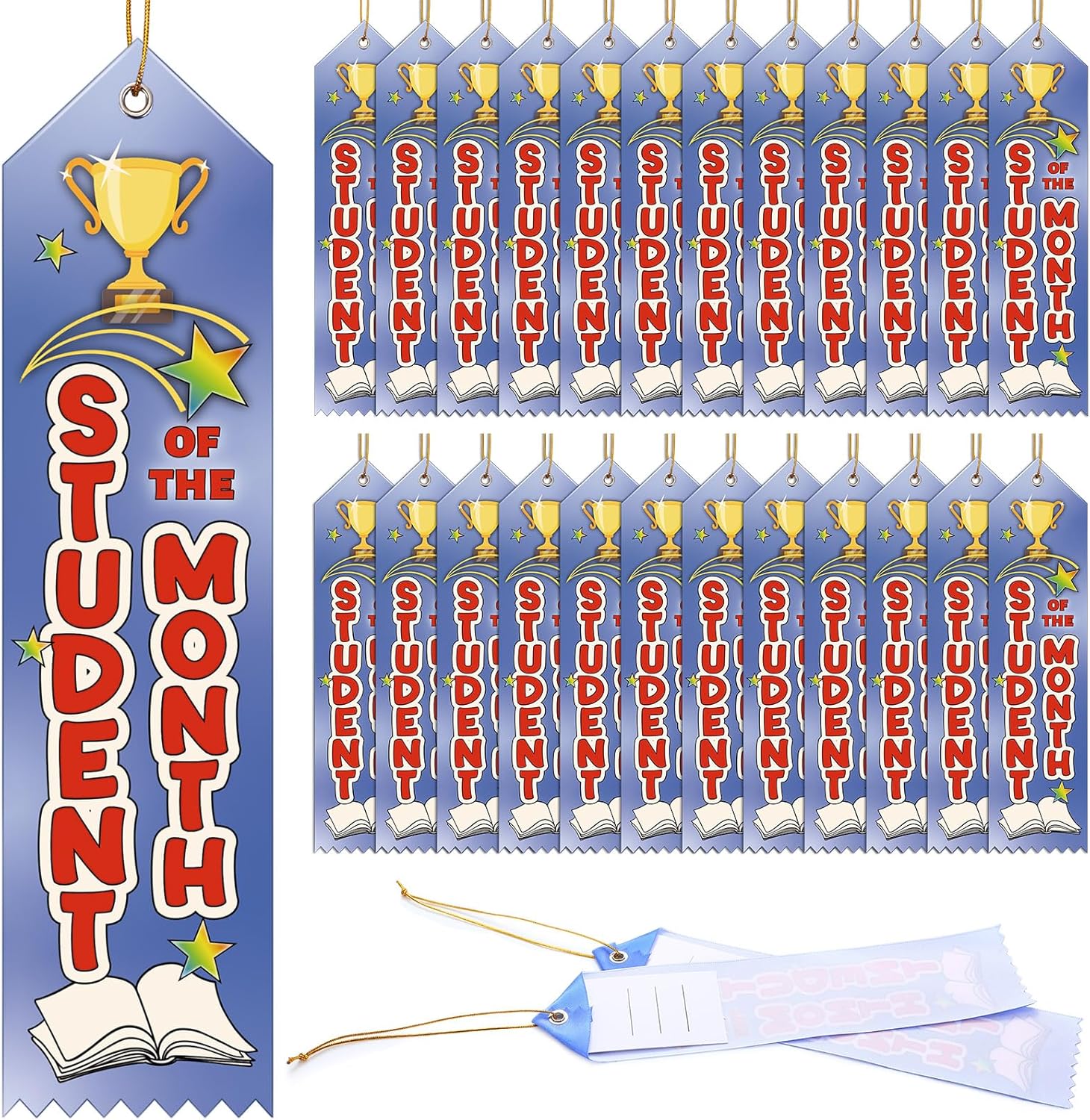 200 Pcs Student of The Month Award Ribbons Bulk 8" x 2" Prizes Ribbons with Event Card and String Award Prize Gift for Tournaments, Competitions, Party, Classroom Home Study Supplies